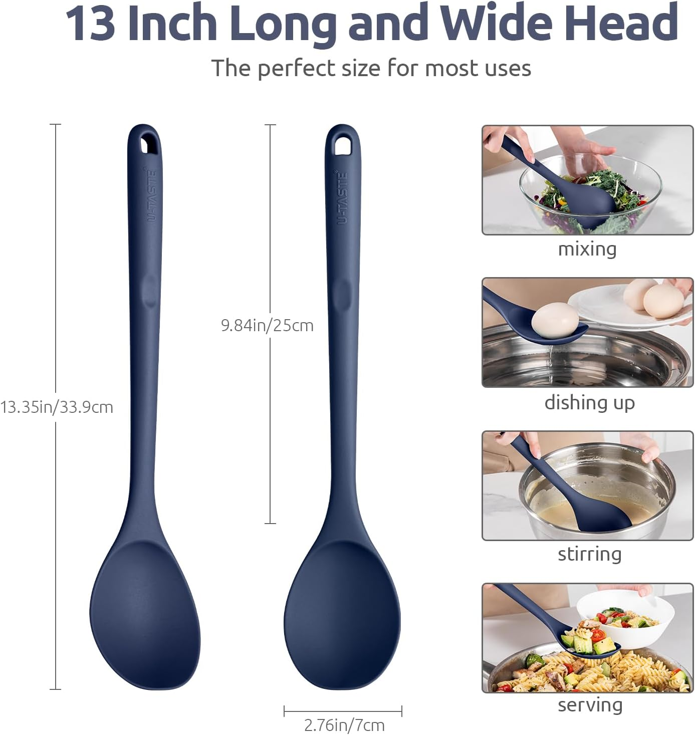 315℃ Heat Resistant Solid Spoon - U-Taste Long Silicone Kitchen Cooking Spoon, BPA Free Non-Scratch Rubber Utensil for Mixing, Stirring, Serving, Scraping in Non-Stick Cookware (Midnight Blue) image number 5