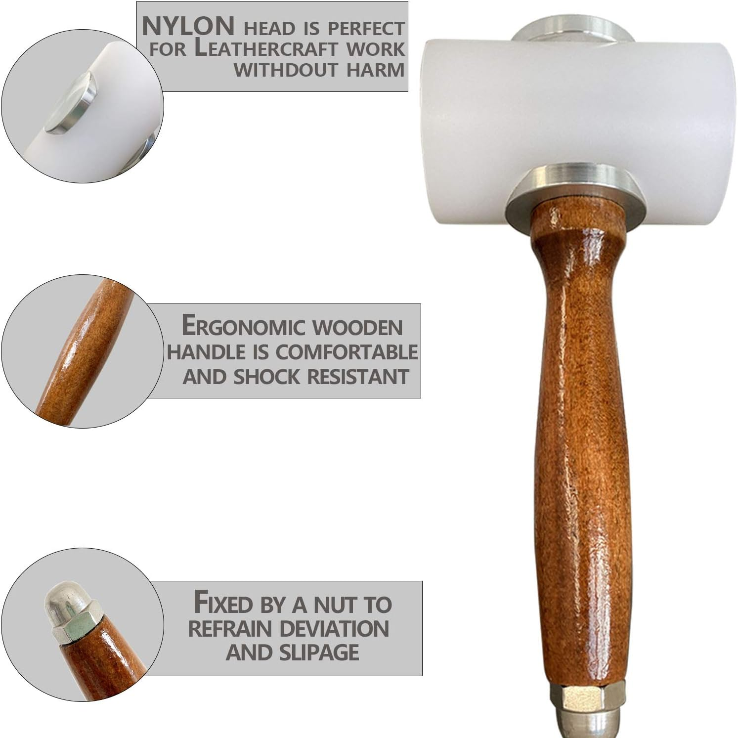 AIBER DIY Leathercraft Wooden Mallet Carving Hammer Wood Handle Nylon T Head 7.4 Inch (Nylon T-Head)