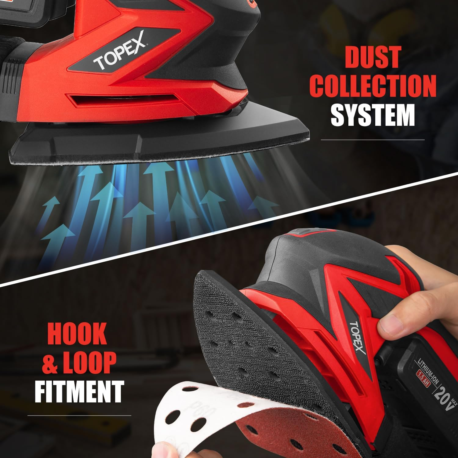 TOPEX 20V Cordless Detail Sander Electric Mouse Sander Handheld Sanding Machine Small Triangular Palm Sander for Home Decoration Furniture Finishing with Sandpaper & Dust Bag image number 2