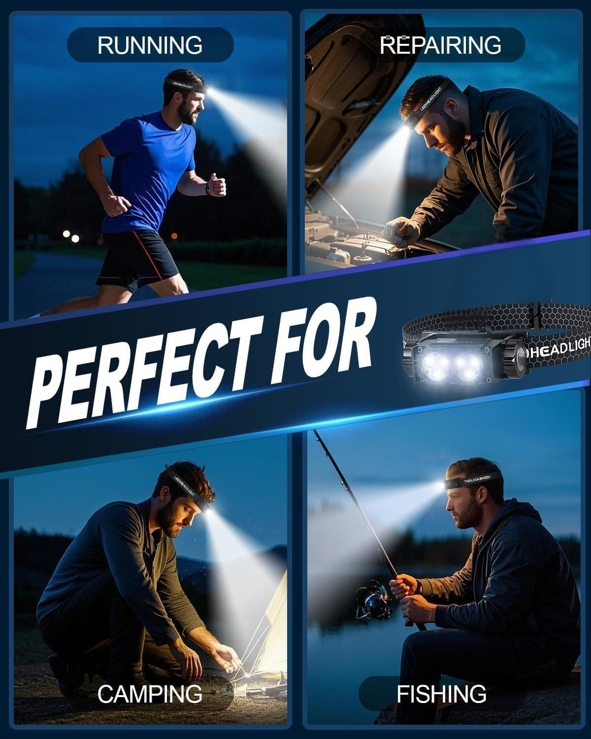 Headlamp Rechargeable, 2PCS 4500L Super Bright Light Bright LED Rechargeable Headlight with White Light, Waterproof Head Lamp with Headband for Outdoor Camping, Hiking, Camping Essentials, Working image number 4