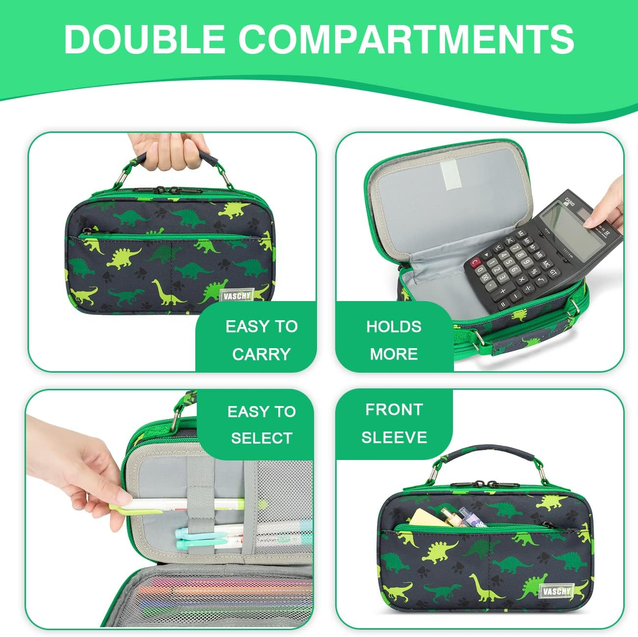 Pencil Case for Boys, Aesthetic Kawaii Large Pencil Pouch Stationary Pencil Bag/Box for Preppy Kids, Pen Organizer Holder School Supply Green Dinos image number 4