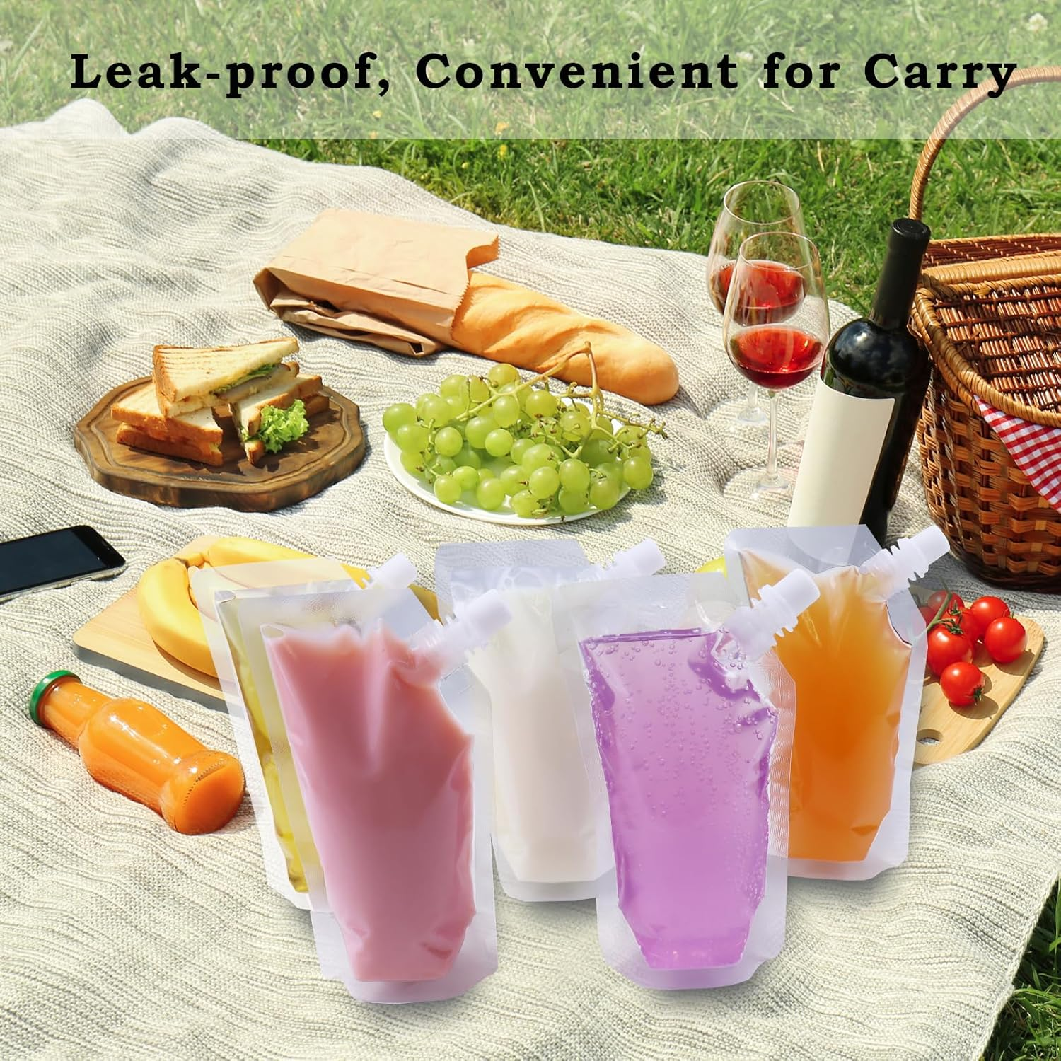 20Pack Clear Drink Pouches 420Ml with Caps and Funnel for Festivals,Leak Proof Alcohol Juice Liquid Pouches Bags, Beverage Bags, Plastic Hip Flask for Parties, Picnic, Travel, Sports