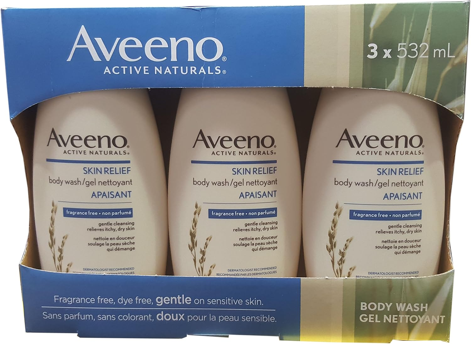 Aveeno Active Naturals Skin Relief Body Wash, Fragrance Free, 18 Fl. Oz , Pack of 3 image number 1