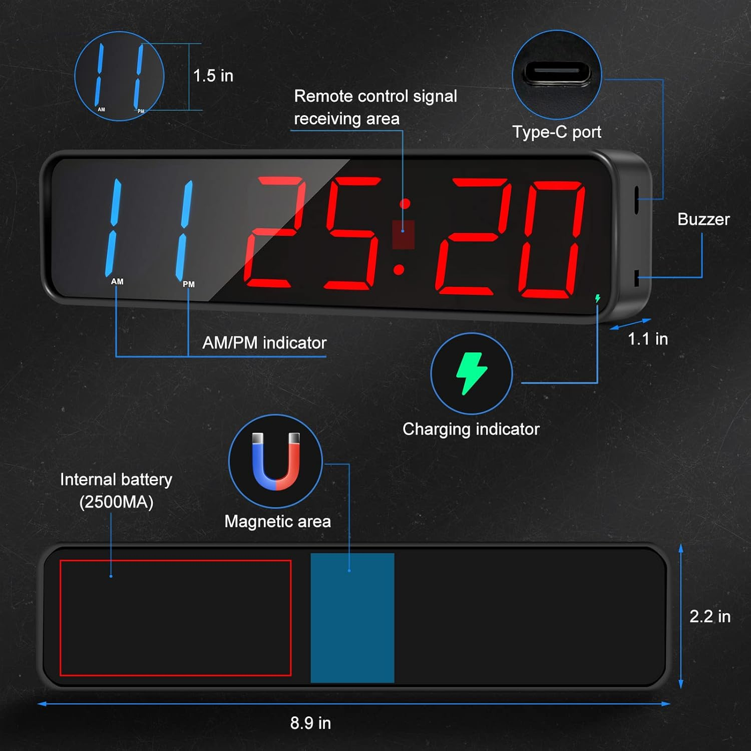 Gym Timer, Portable, Interval Timer with Rechargeable Battery and Built-In Magnet, Large LED Digital anti Vertigo Display, Upgraded Workout Clock for Home Gym Garage Fitness Boxing 1.5" image number 2