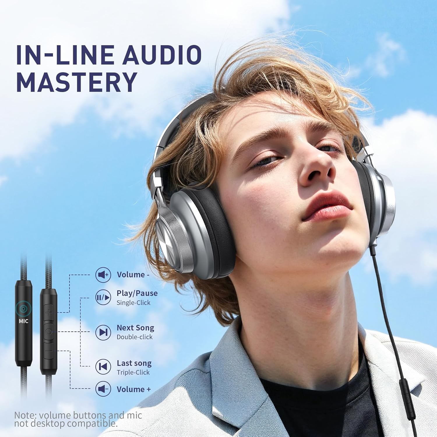 AILIHEN Headphones Wired with Microphone & Volume Control, Over-Ear Foldable Noise Isolation Headsets 3.5Mm for Teens Adult (Grey), A-C9024 - Grey image number 3