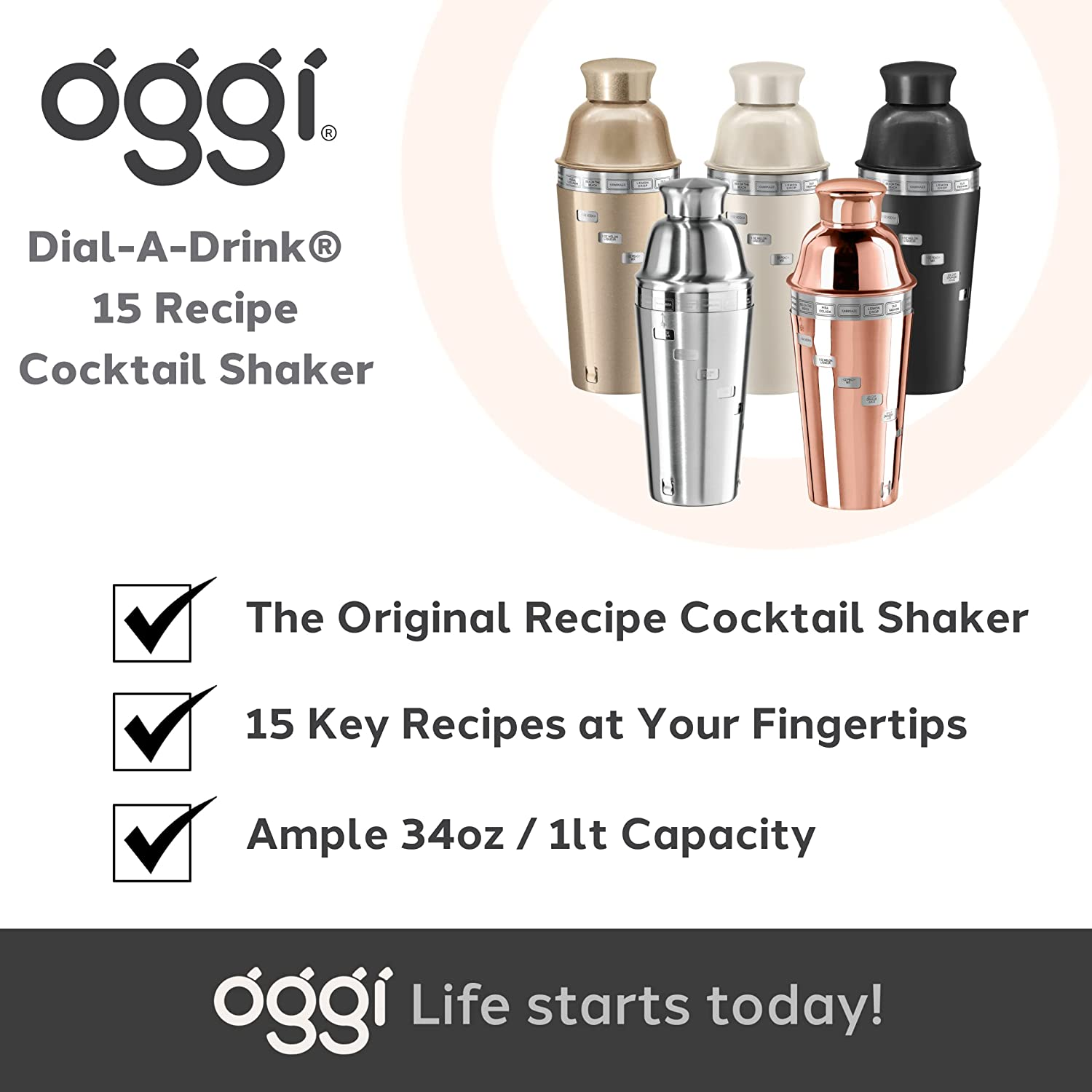 OGGI Dial a Drink Cocktail Shaker - Warm Gray, 15 Recipes, Built in Strainer, 34 Oz - the Original and Only Dial a Drink - Ideal Home Bar Drink Mixer, Bartender Kit, Essential Bar Accessories