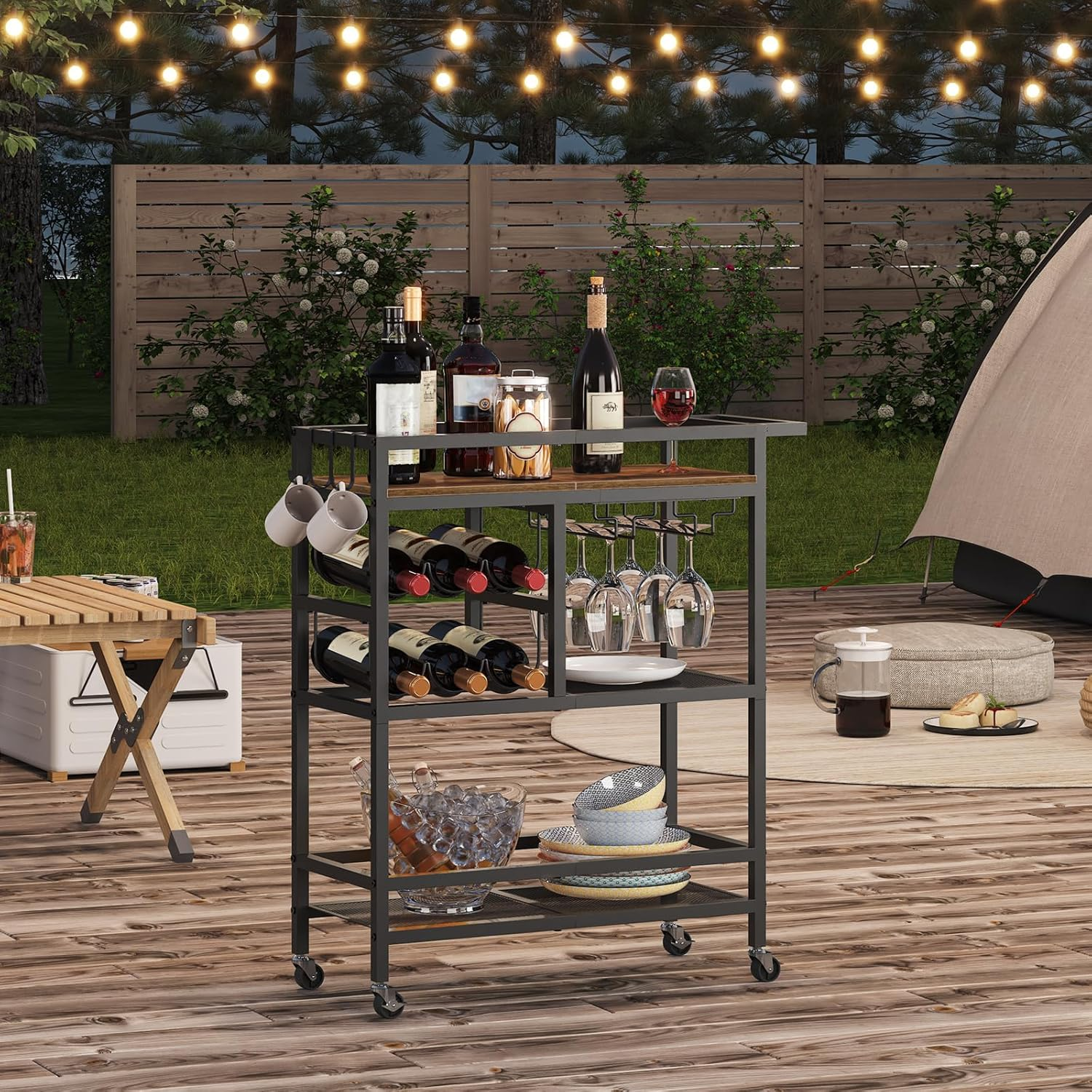 Bar Cart for Home, 3-Tier Serving Cart with Wheels and Handle, Beverage Cart with Wine Rack and Glass Holders, Rolling Wine Cart for Kitchen, Dining Room, Rustic Brown RCHR6101