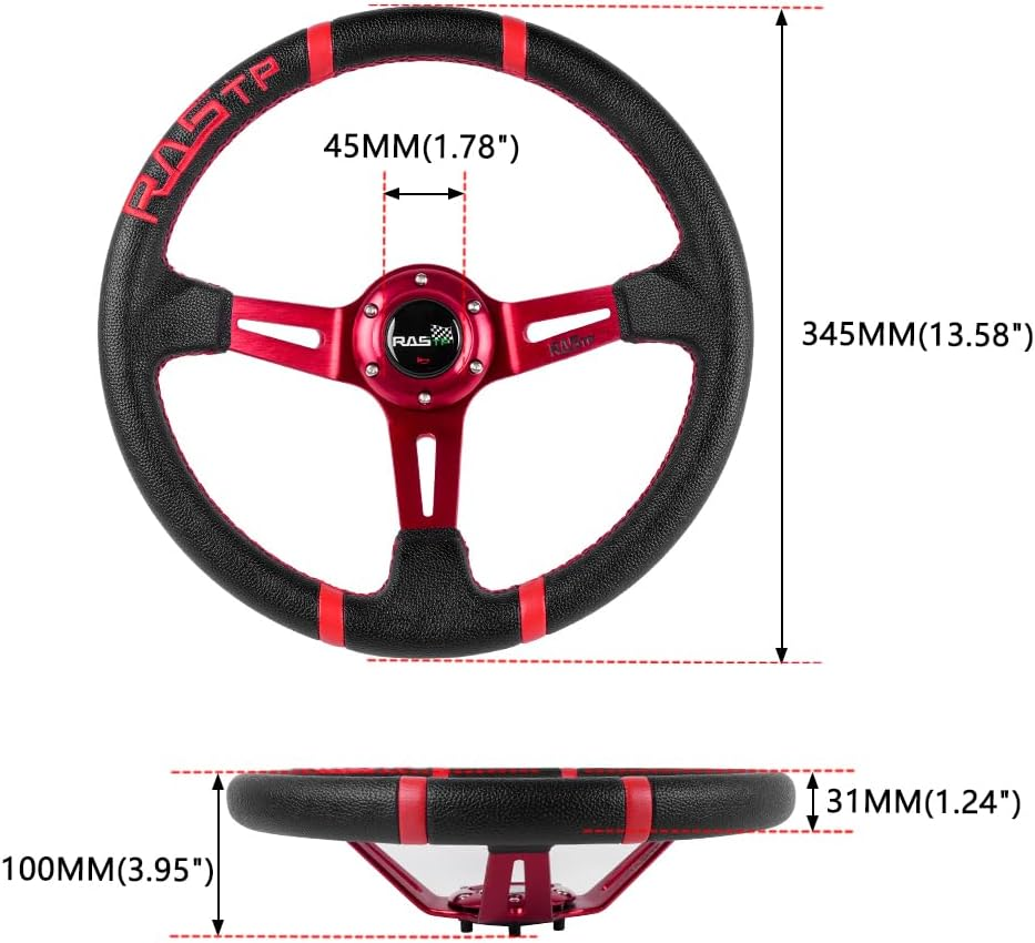 RASTP Universal Racing Steering Wheel,Deep Dish Steering Wheel Leather Embroidery 13.58&rdquo;/345Mm 6 Bolts with Horn Button Include Cable, Wrench,Red - Red image number 4