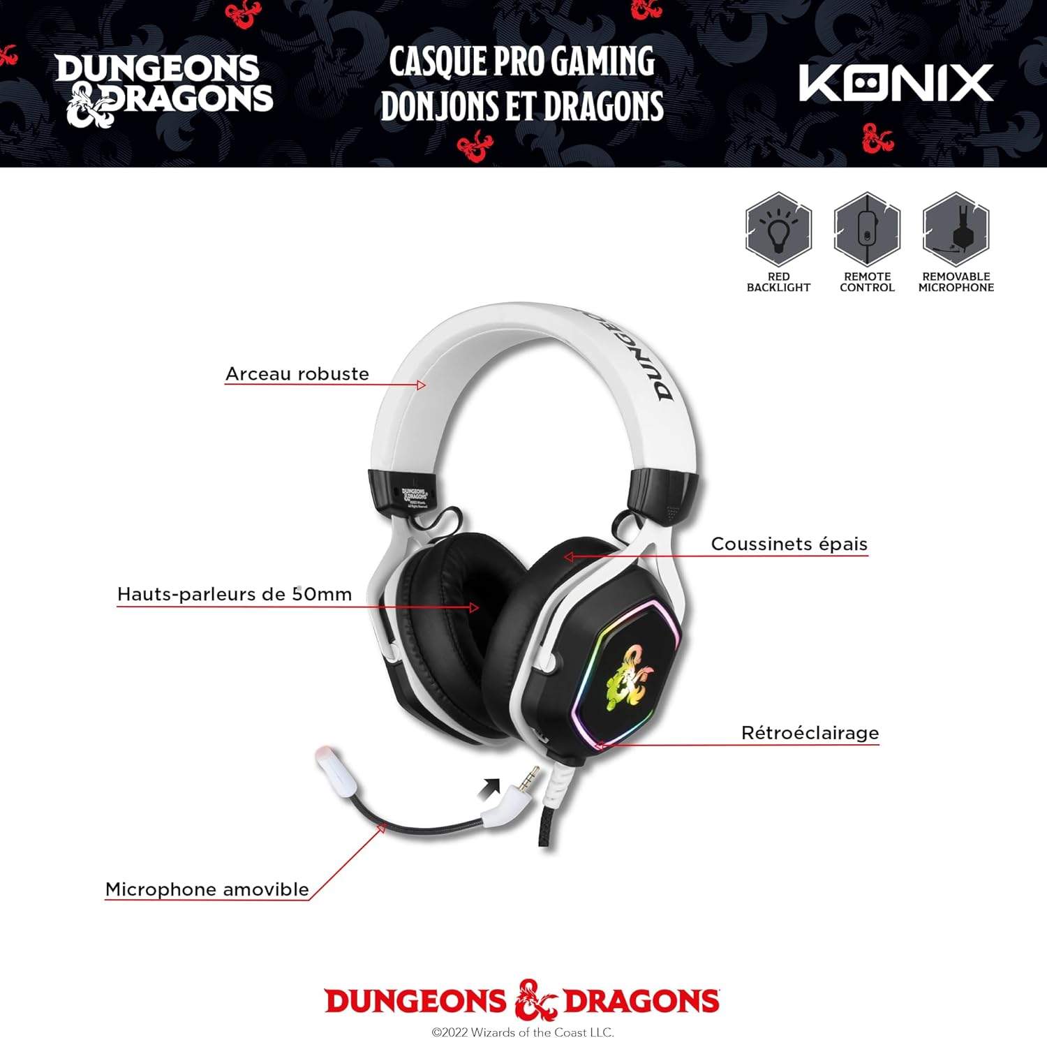 Konix Dungeons & Dragons Gaming-Headset Rainbow F&uuml;r PC - 50 Mm Lautsprecher - Mikrofon - 2 M Usb-Kabel - Hintergrundbeleuchtung - Wei&szlig; Und Schwarz image number 6