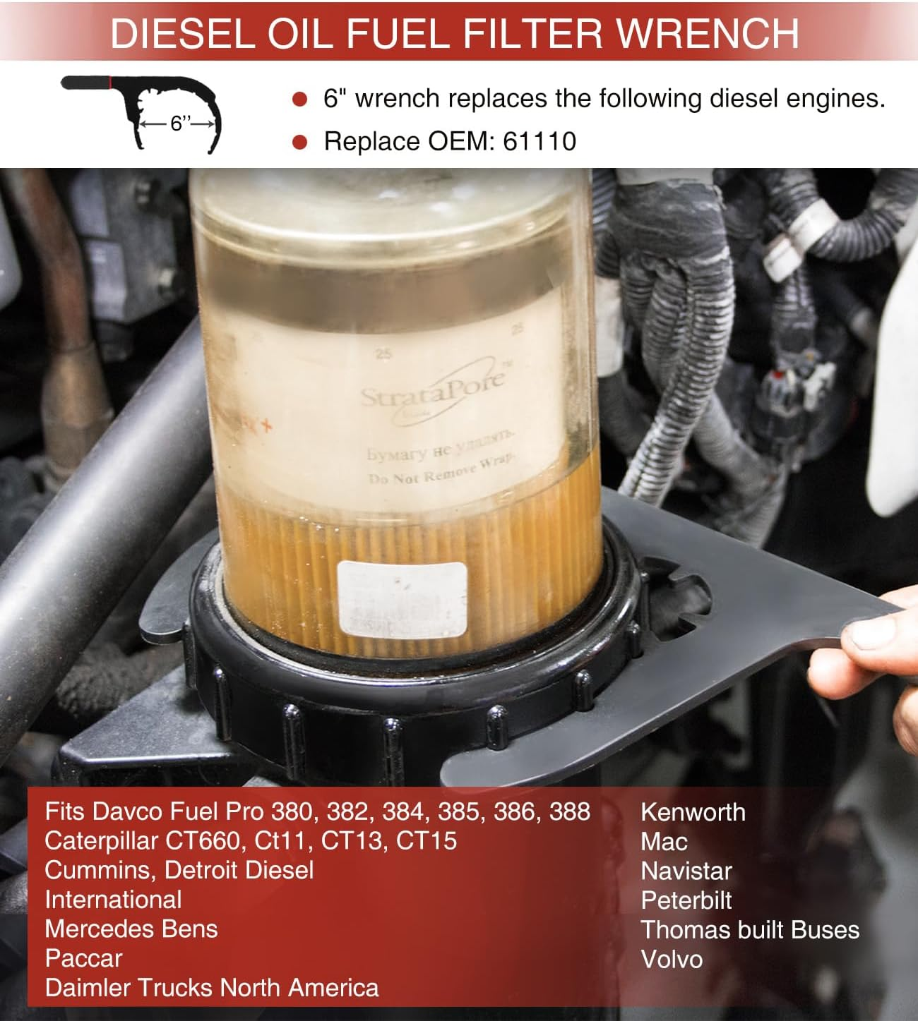 61110 Diesel Fuel Filter Wrench for Davco, 6" - Oil Filter Removal Tool for Paccar, Kenworth, Peterbilt, Cummins, Caterpillar, Detroit Diesel, Etc image number 1