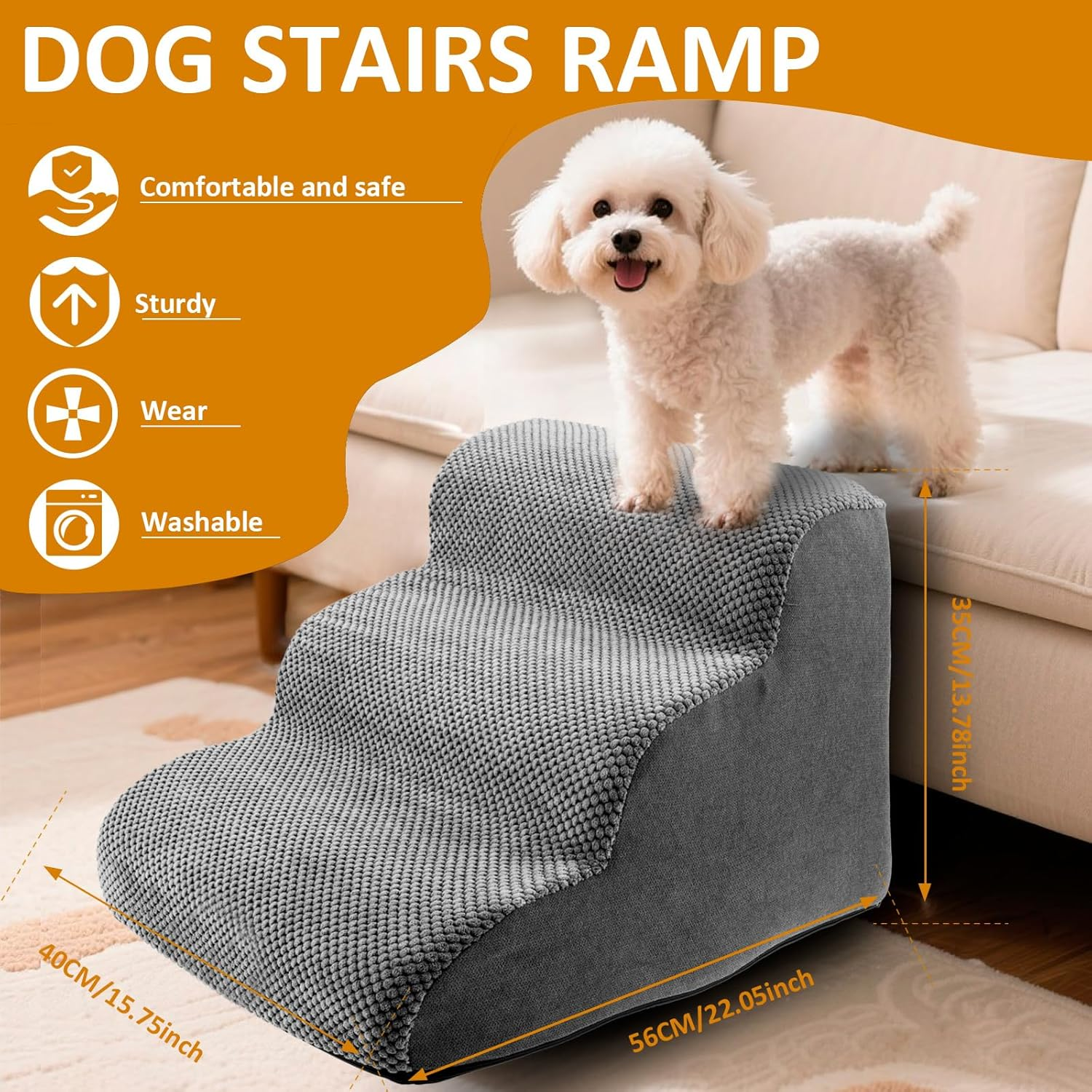 Dog Stairs for Small Dog, Corduroy Dog Steps for Bed, Practical Pet Stairs for High Bed Climbing, Non Slip Pet Ladder Stable Support, Curved Puppy Slope Stair for Sofa Low Bed Couch (Color-B, L, 1) image number 6