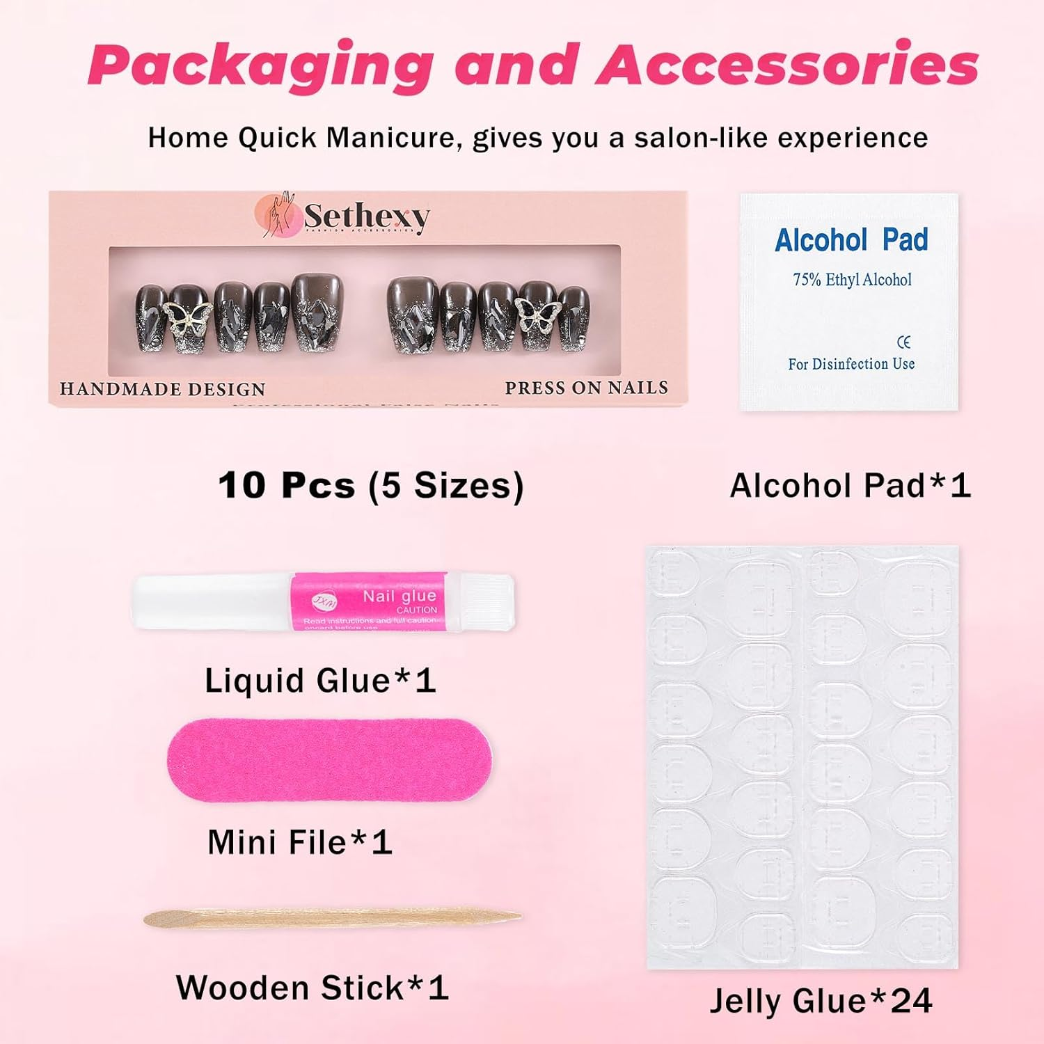 Sethexy Black Rhinestone Handmade Fake Nail Medium Coffin False Nails Crystal Acrylic Glossy Press on Nail Salon Nails Metallic for Women and Girls 10PCS (F) image number 6