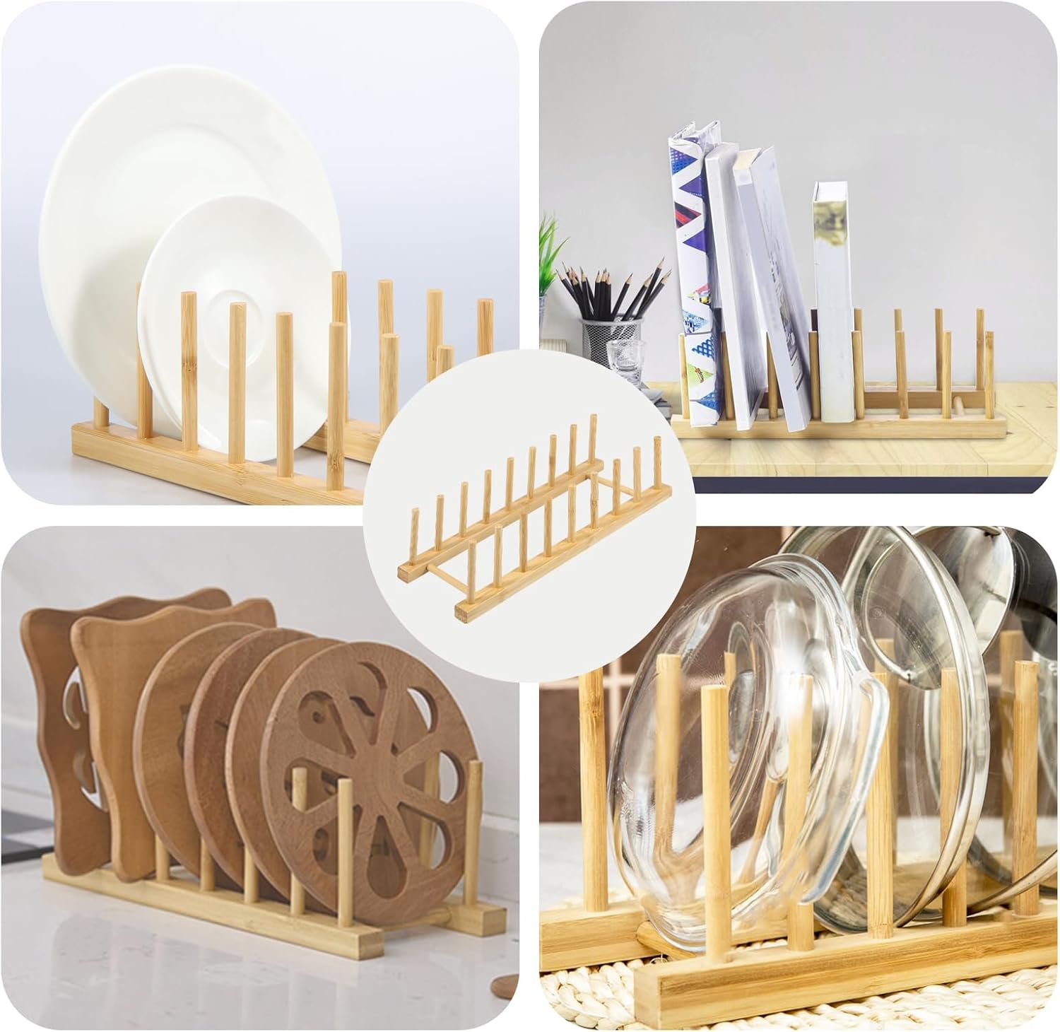 3 Set Natural Bamboo Dish Drying Rack Pot Lid Holder Bamboo Plate Dish Rack Kitchen Cabinet Organizer Multifunctional Rack for Books/Tablet/Cup/Keyboard/Cutting Board