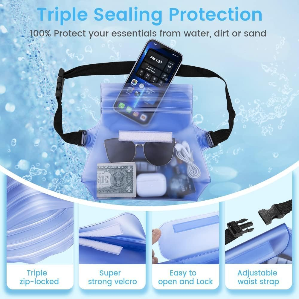 ETHEL 2-Pack Waterproof Pouch with Waist Strap &ndash; Transparent Screen Touchable Dry Bag for Phone Valuables &ndash; Perfect for Swimming, Snorkeling, Boating, Fishing, and More (Blue & Black) image number 2