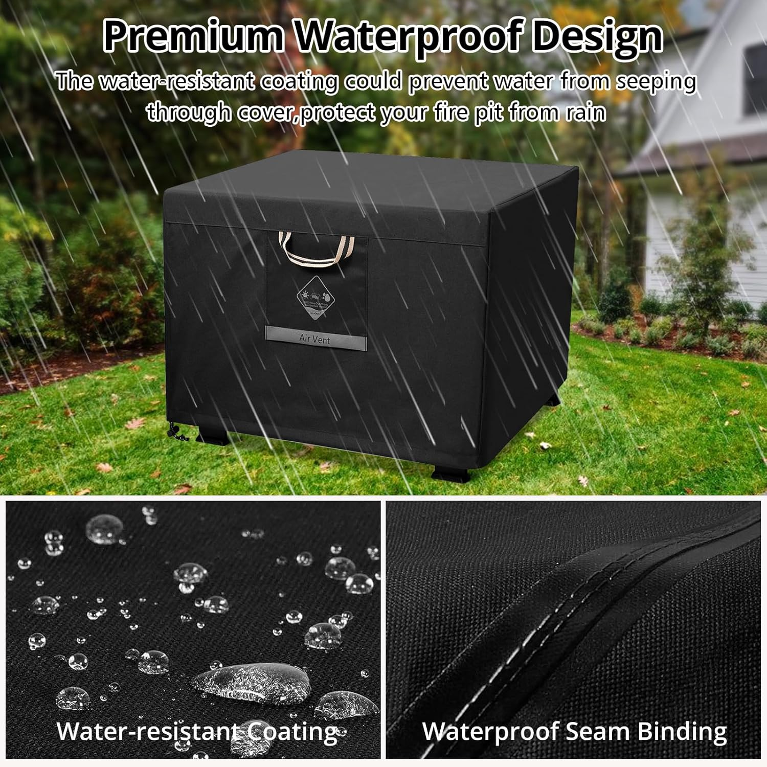 QH.HOME Fire Pit Cover Square Heavy Duty Fabric 100% Waterproof, Fits Outdoor for 29&rdquo;,30 Inch,31 Inch,32 Inch Fire Pit/Table Cover,Gas Fire Pit Cover (32&rdquo;L X 32&rdquo;W X 24&rdquo;H,Black) image number 4