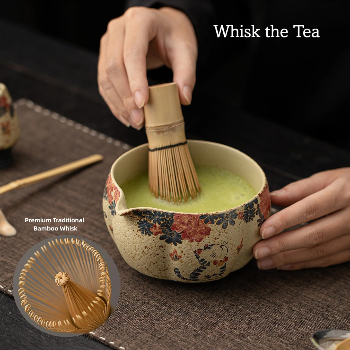 ECOMUSE Matcha Bowl Set, 18.6 OZ, Matcha Bowl Featuring Oriental Aesthetics with Handmade Ceramic Bowl, Ceramic Whisk Holder,Whisk,Scoop​, 4Pc Matcha Set for Lovers & Gift Giving image number 2