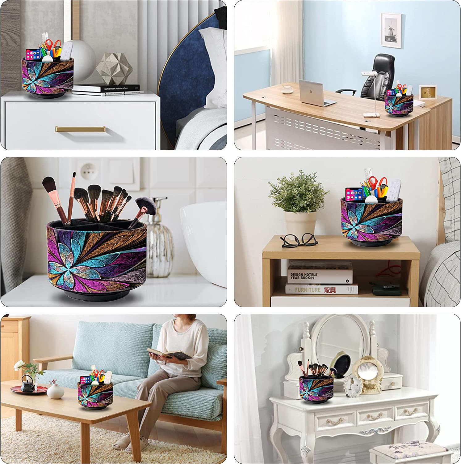 HOMIEST round Leather Art Supply Organizer,Remote Control Holder,360 Degree Spinning,Multi-Functional Pencil Holder,4 Compartments Desktop Stationary Organizer image number 1