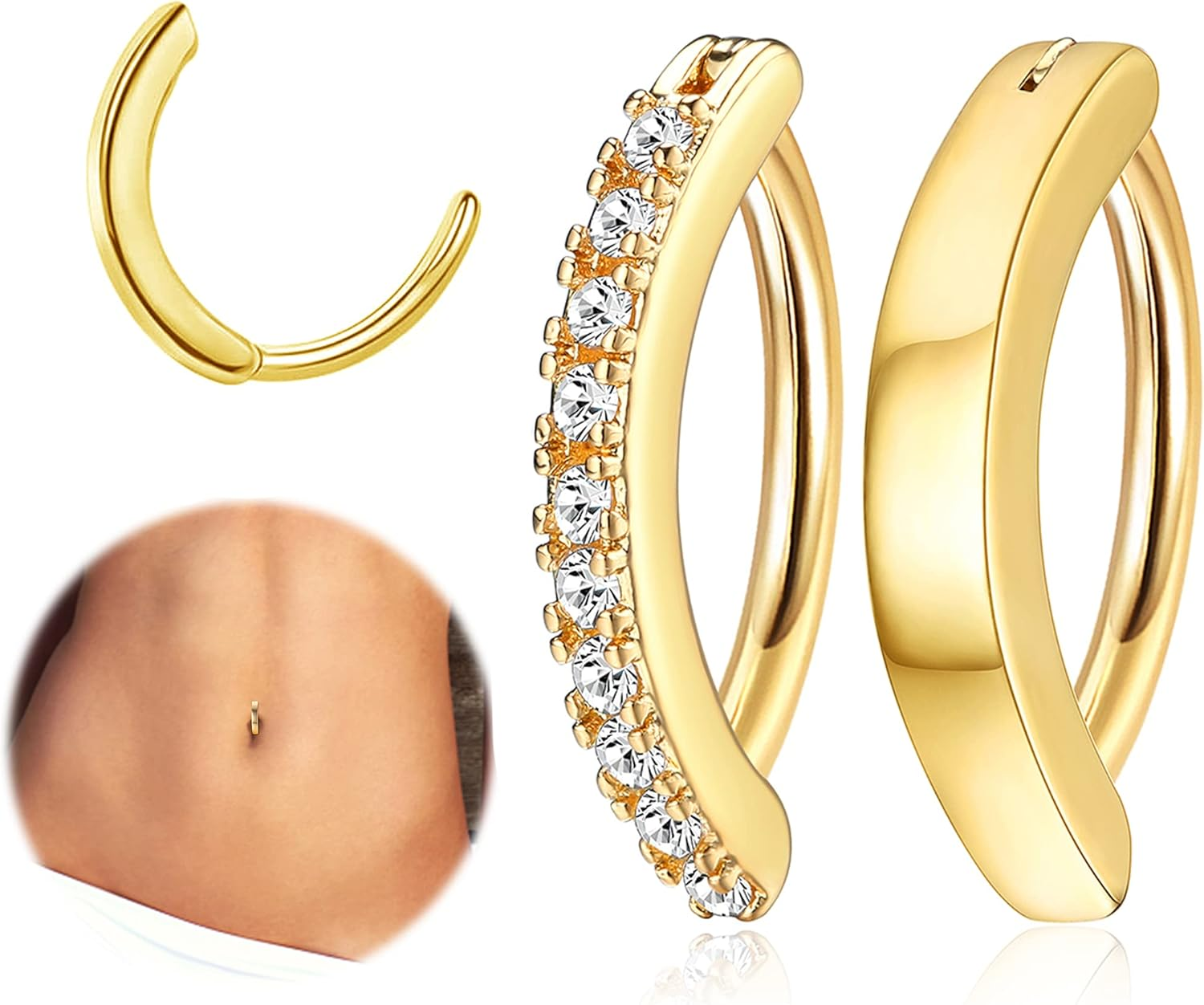 Kakonia 2Pcs 14G Clicker Belly Button Ring for Women Surgical Steel CZ Opal Belly Ring Simple Reverse Navel Rings Body Jewelry image number 3