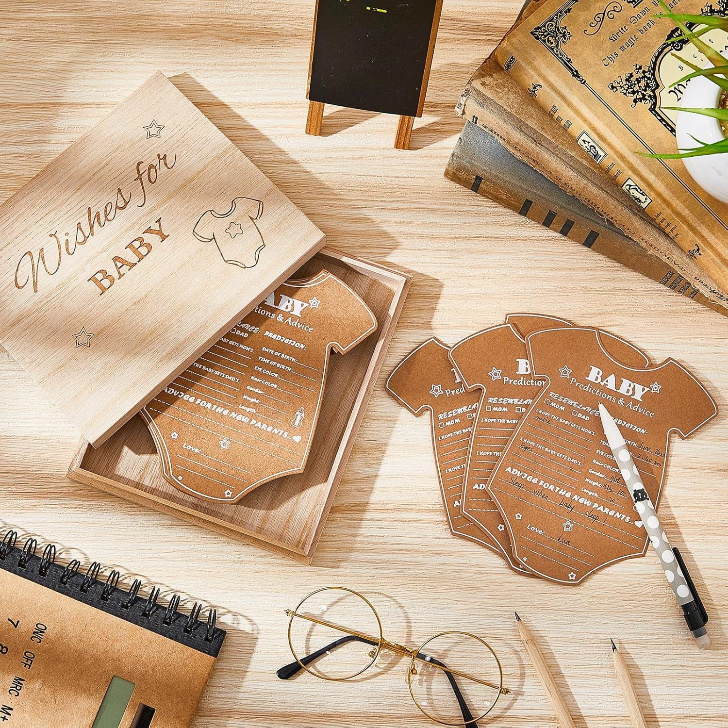 50 Pcs Baby Shower Predictions and Advice Cards with Wood Keepsake Box, Baby Shower Gifts for Guest, Baby Shower Advice Cards Party Favor Supplies Decoration image number 3