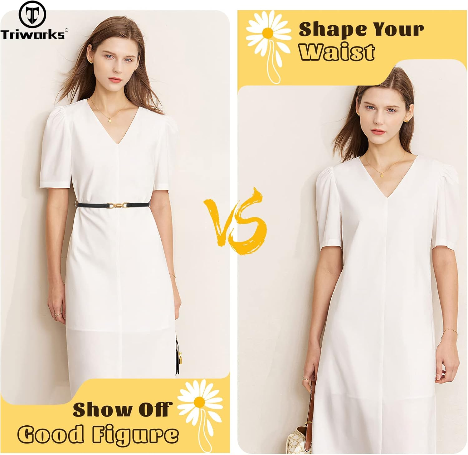 TRIWORKS Women Leather Skinny Belt 2 Pack Adjustable Belts Ladies Thin Waist Belts for Dresses, Black+Brown image number 5