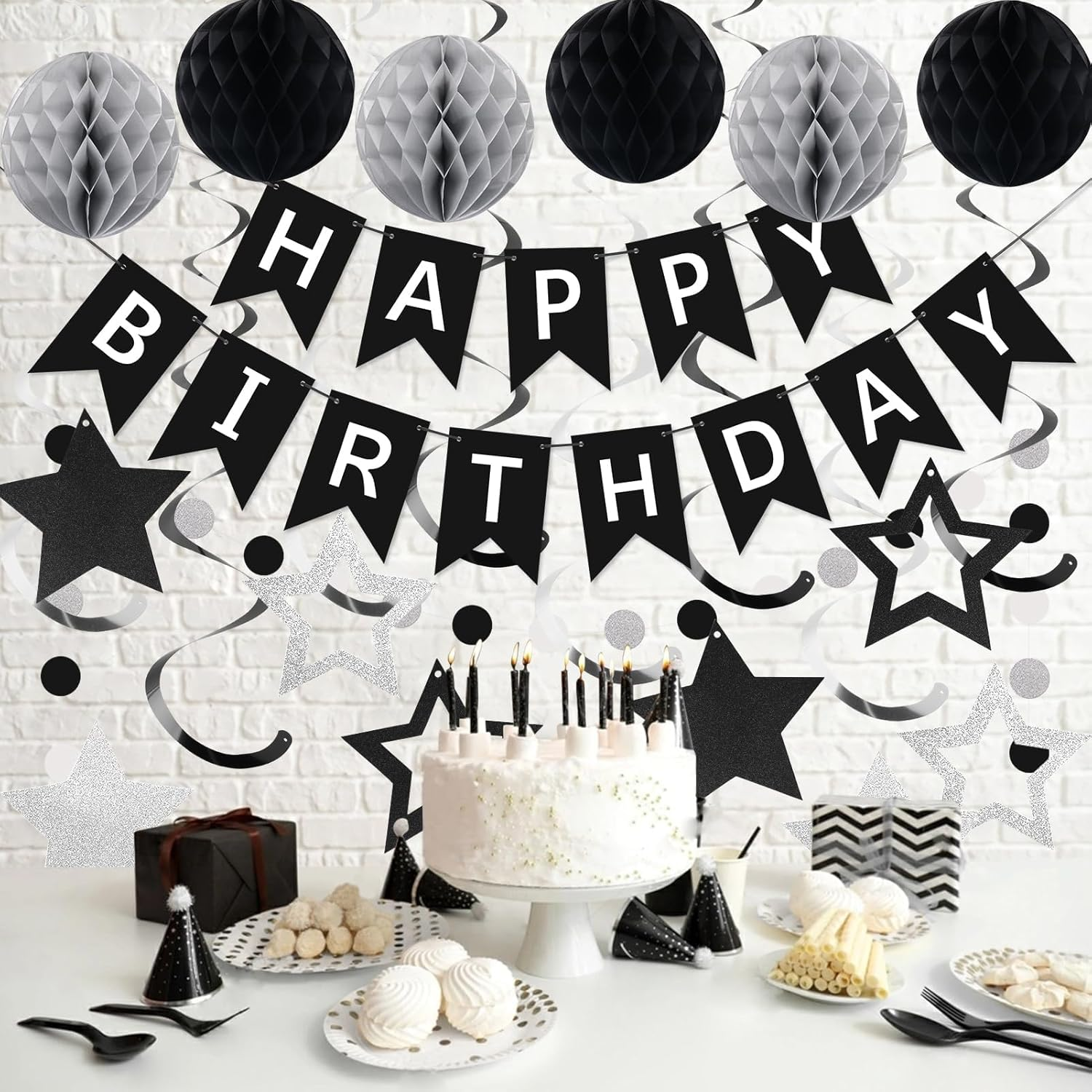 Lumjoy Birthday Decorations Happy Birthday Banner with Honeycomb Balls Star Hanging Swirl Streamers Circle Dot Garland Party Decoration for Women Men Boys & Girls (Black & Silver)