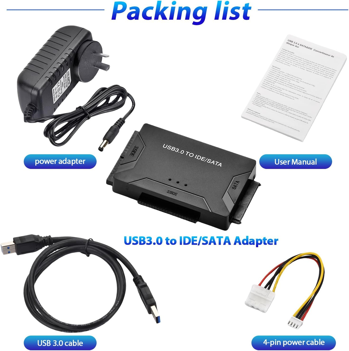 Amtake USB 3.0 to SATA IDE Hard Drive Reader, IDE to USB Adapter, External Hard Drive Converter for Universal 2.5/3.5 Inch HDD/SSD (With 12V 2A Power Supply) image number 1