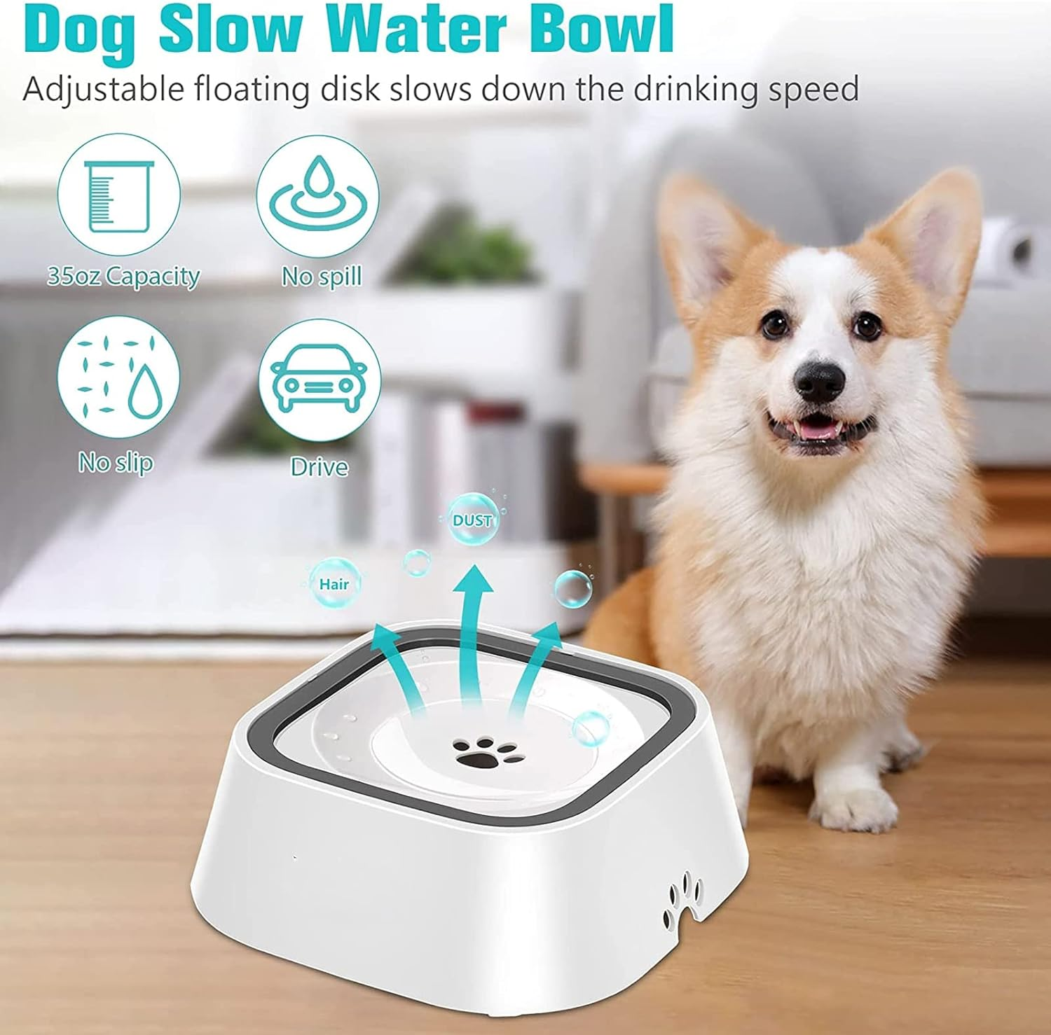 Dog Water Bowl No Spill, PRENDIEEN 1L/35Oz Large Capacity Dog Water Bowl Dispenser Non Slip No Splash Dog Water Bowl Pet Slow Feeder No Drip Dog Water Bowl Slow Water Bowl (White) - Grey image number 7