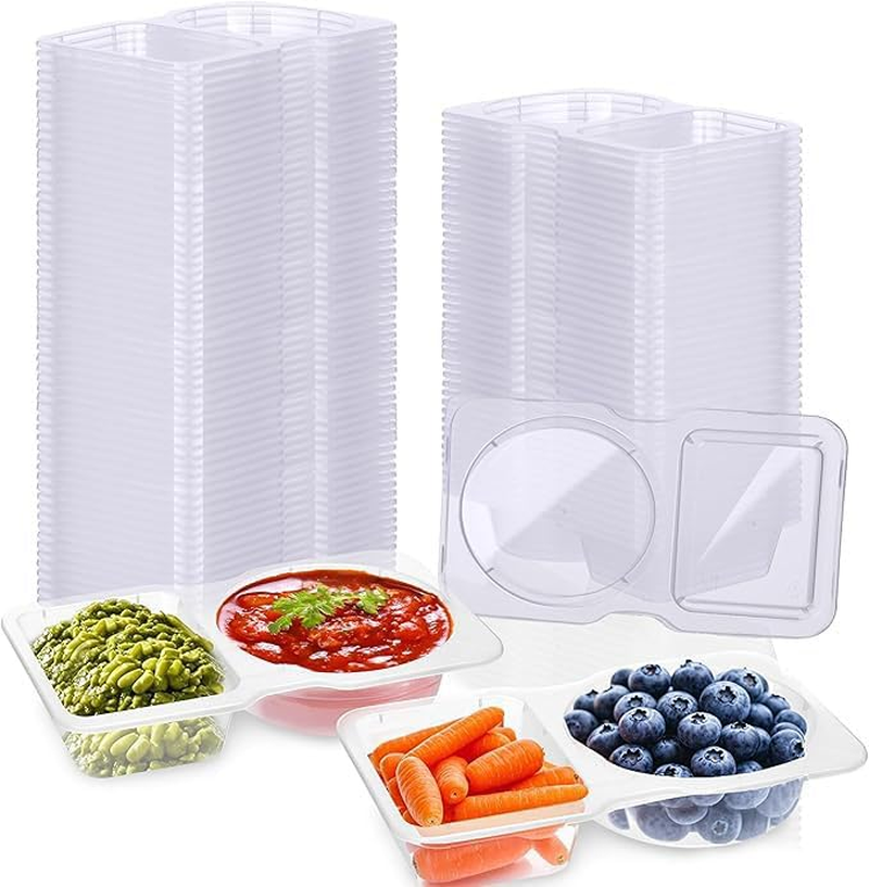 Double Compartment Condiment Container with Lids, 2 Compartment Sauce Containers Clear Plastic Snack Containers for Travel for Sauce, Salad Dressing, Travel Snack, 60Pcs.