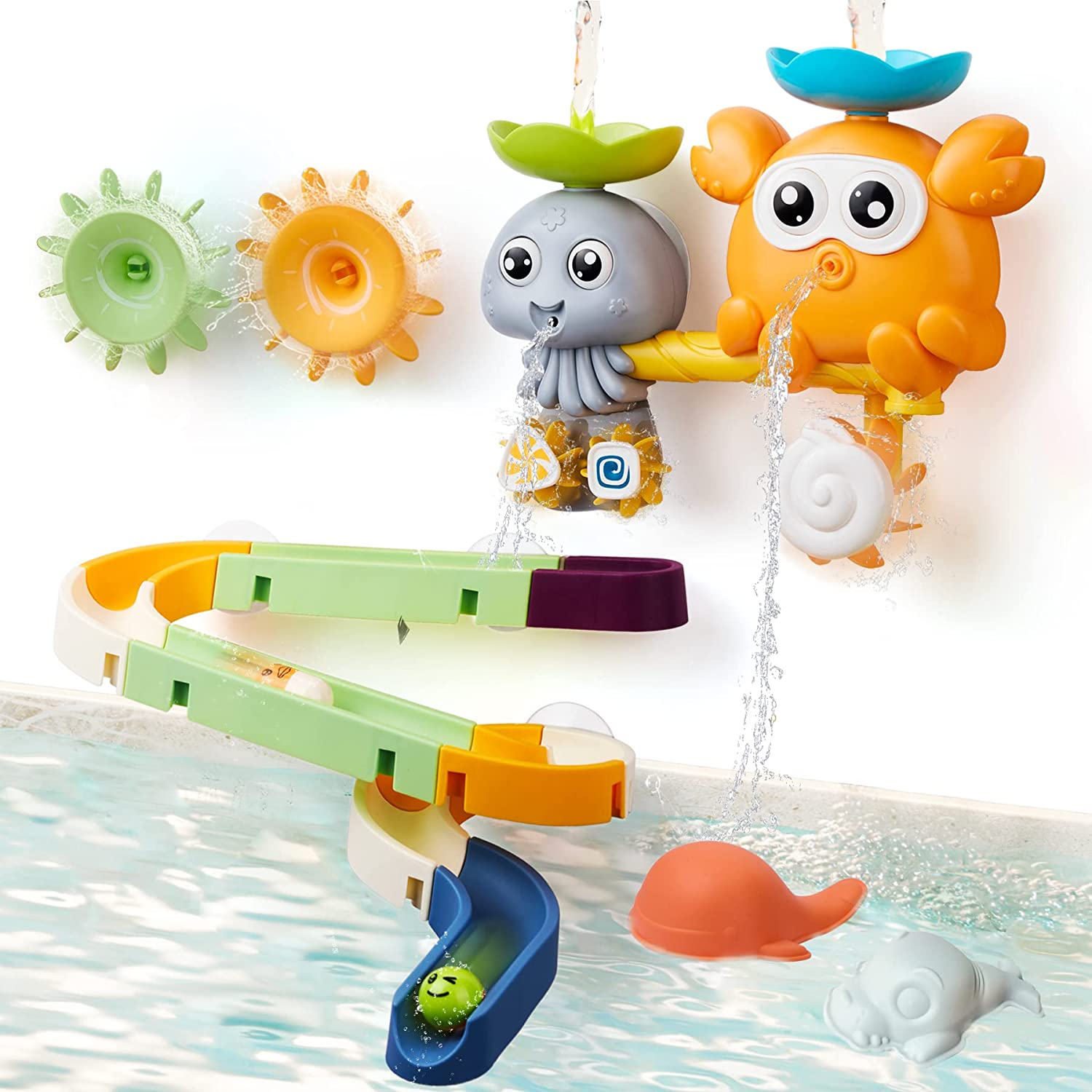 OR or TU Bath Toys Bathtub Toy Slide Water Toys Crabs Octopus Bath Toy Suction Cup Fidget Spinner Bath Toys for Toddlers Age 3 4 5+ Year Old image number 2