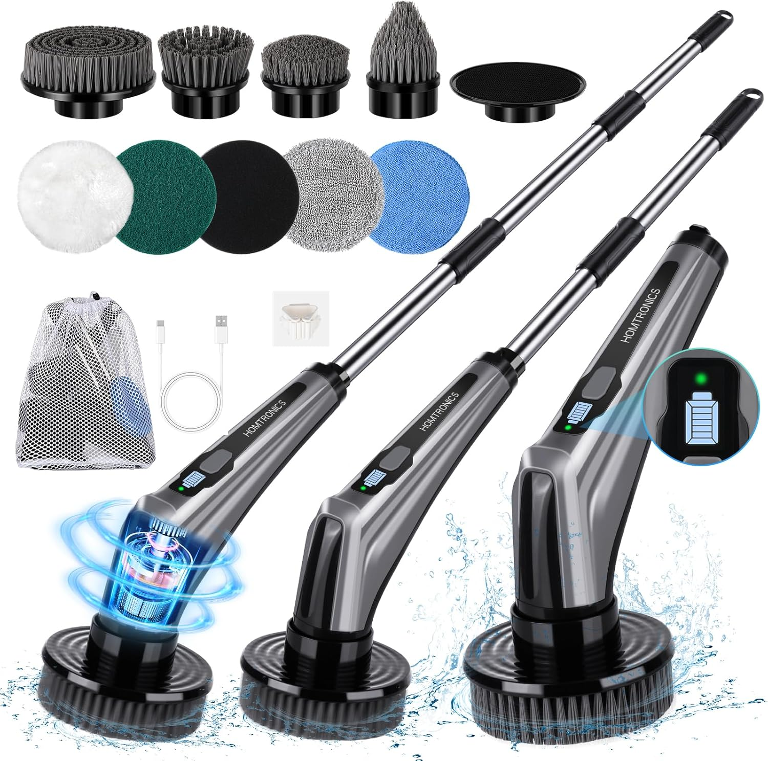 Electric Spin Scrubber, [Battery Level Display] [IPX8 Waterproof] Homtronics 14 in 1 Electric Cleaning Brush with 9 Replacement Heads, Power Scrubber for Bathroom, Kitchen, Floor, Tub, Toilet image number 5