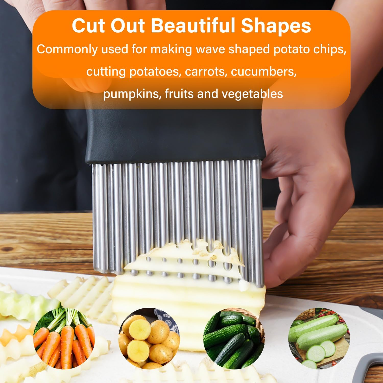 EKIND Crinkle Cutter Stainless Steel Wavy Blade Potato Chopper Vegetable Slicer for Fries Chips Carrots Cucumbers Fruit Home Kitchen Tool (Black) image number 1
