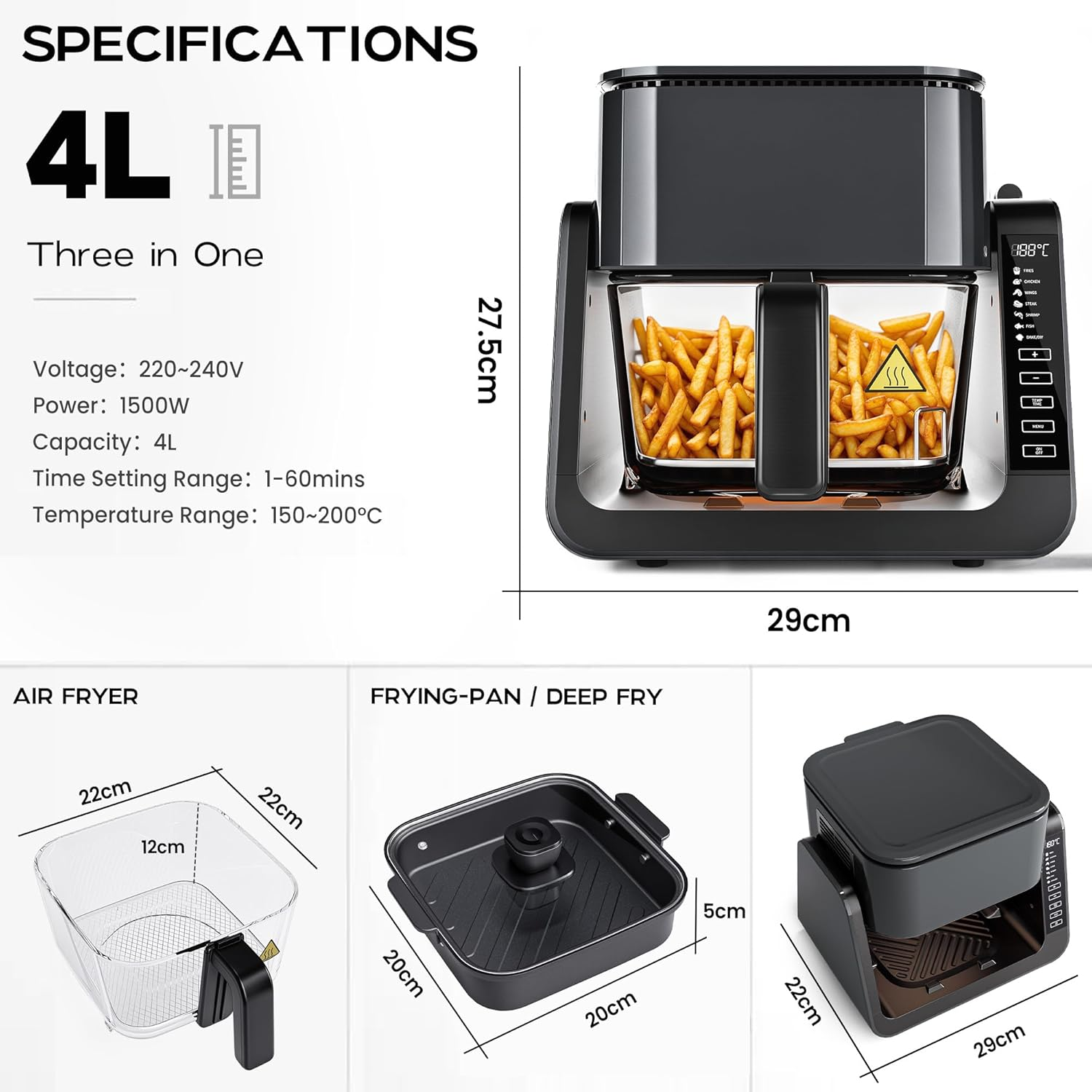 Advwin Multi-Function Air Fryer BBQ, Dual Zone Air Fryer & Top Grill, 7-In-1 Electric Cooker with Touch Screen, 4L Oil-Free Oven for Frying, Baking, Grilling, Roasting | Top Grill & Bottom Fryer