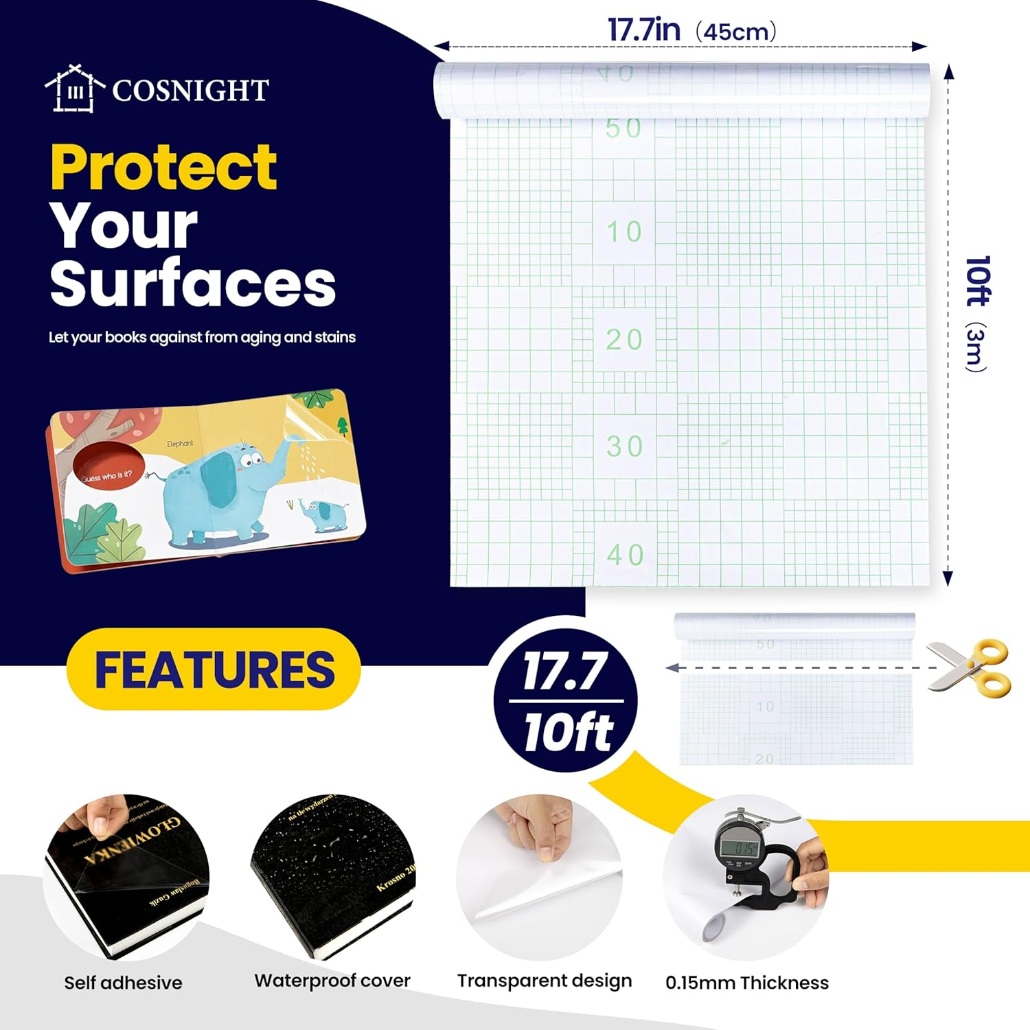 COSNIGHT Clear Contact Paper Peel and Stick for Book Cover Protector 17.7In X 10Ft/Roll, Clear Self Adhesive Shelf Liner and Drawer image number 1