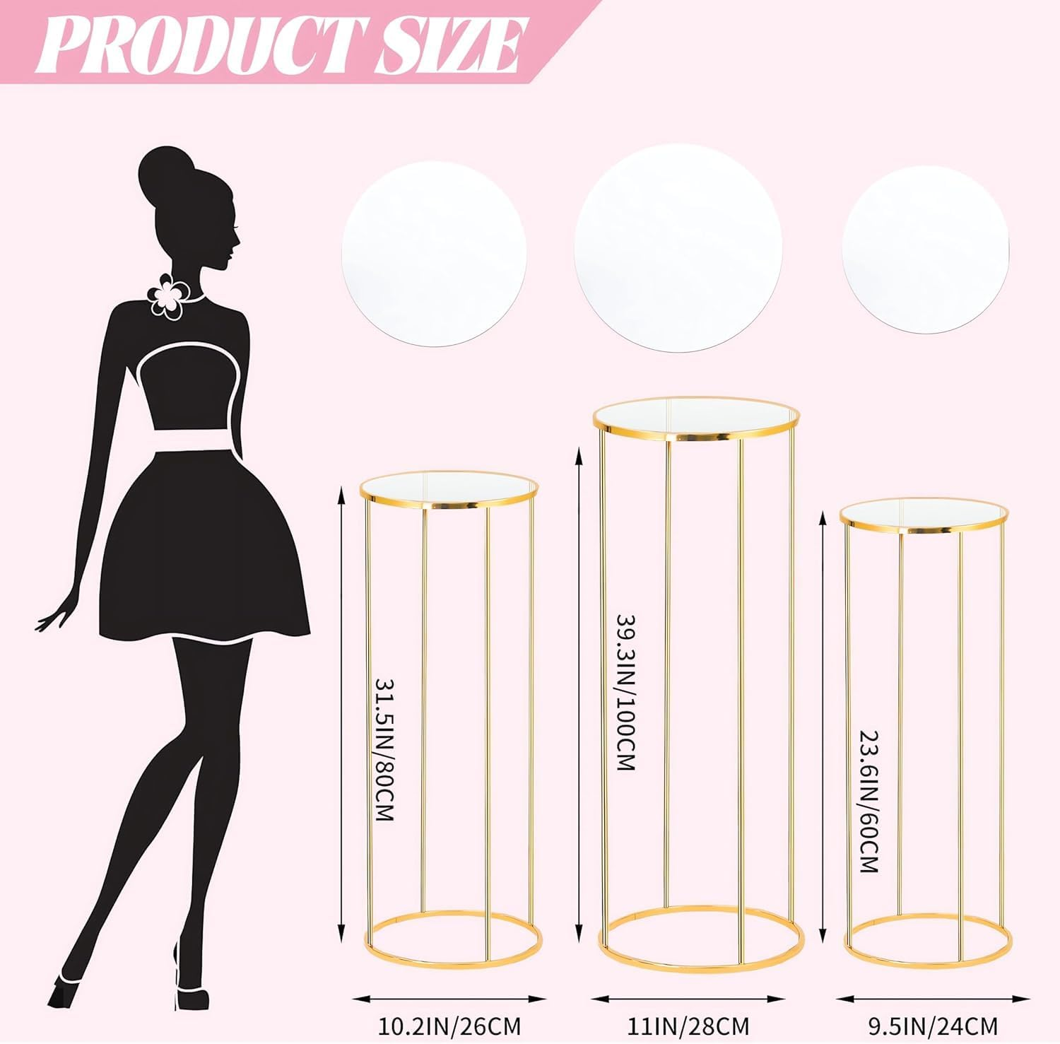 Metal Cylinder Pedestal Stand for Party, Cilindros Para Decoraciones De Fiestas, round Cake Pedestal Tables for Wedding Display, Event Decor with Floral Plant, Birthday Backdrop- Gold image number 1