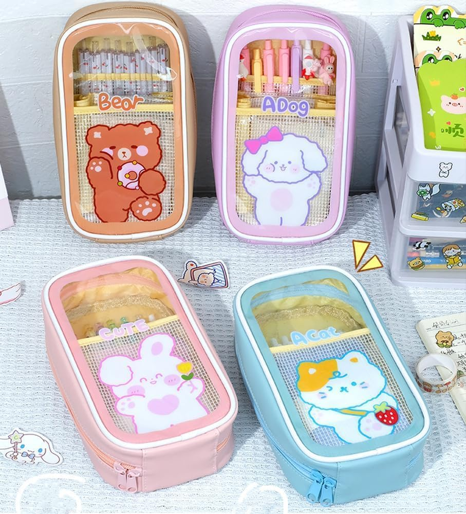 Kawaii Aesthetic Pencil Case, Clear Pouch, Large Capacity, Cartoon Stationery Bag, Pink image number 6