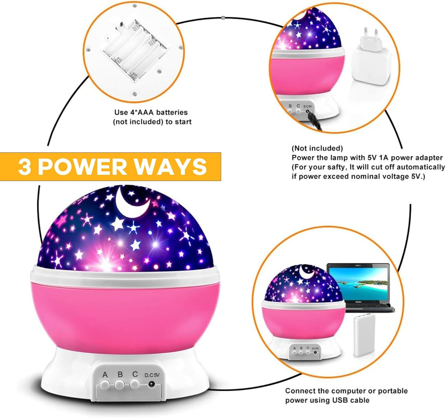 RIKONDA Pink Star Projector Night Light for Kids - Rotating Starry Sky & Moon Lamp, Usb/Battery Powered, Bedroom Decor Gift Girls & Boys Ages 1-14 (15Cm X 13Cm, 300G) image number 1