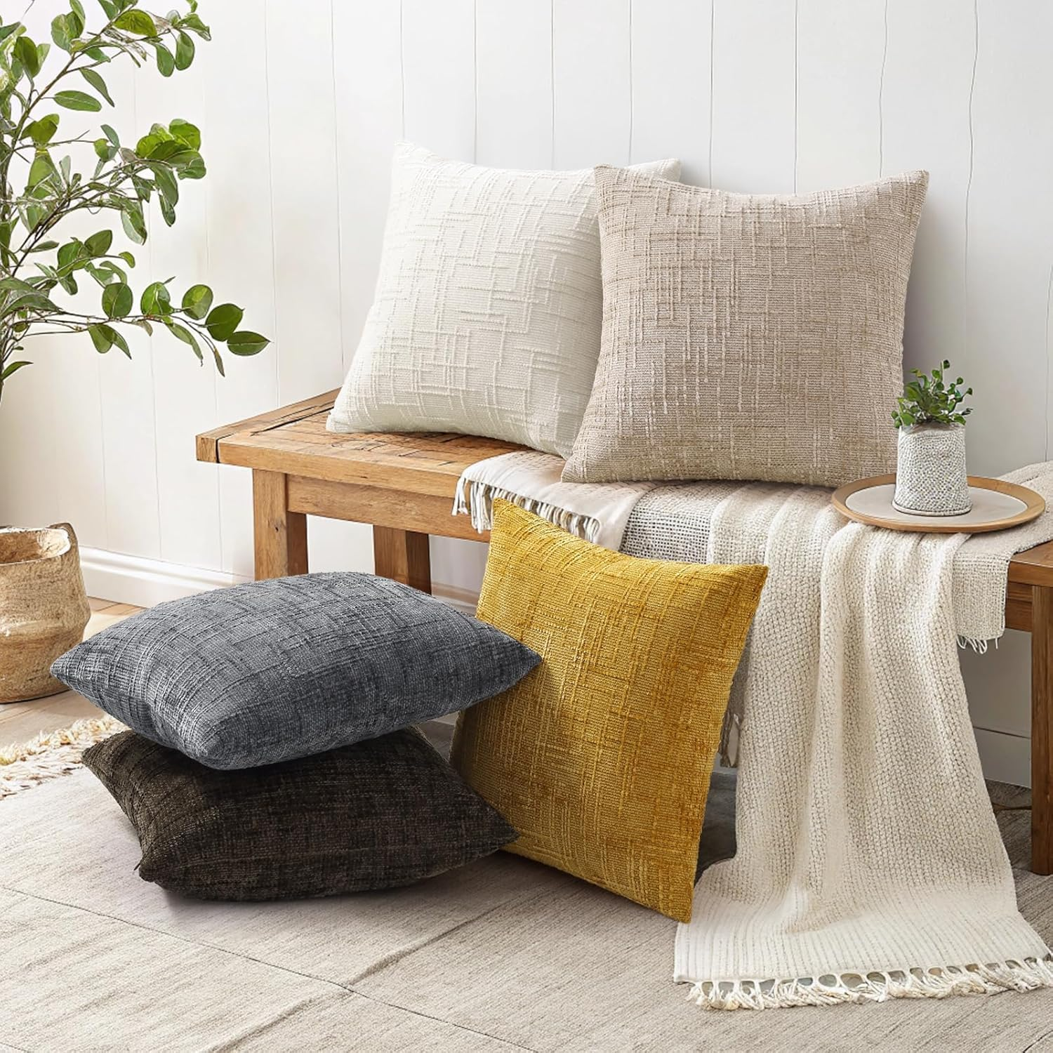 Dark Grey Chenille Throw Pillow Covers 18X18 Set of 2 Thick Textured Slubby Couch Pillow Covers Farmhouse Accent Modern Neutral Decorative Pillow Cases for Bed Sofa Living Room - Dark Grey image number 4