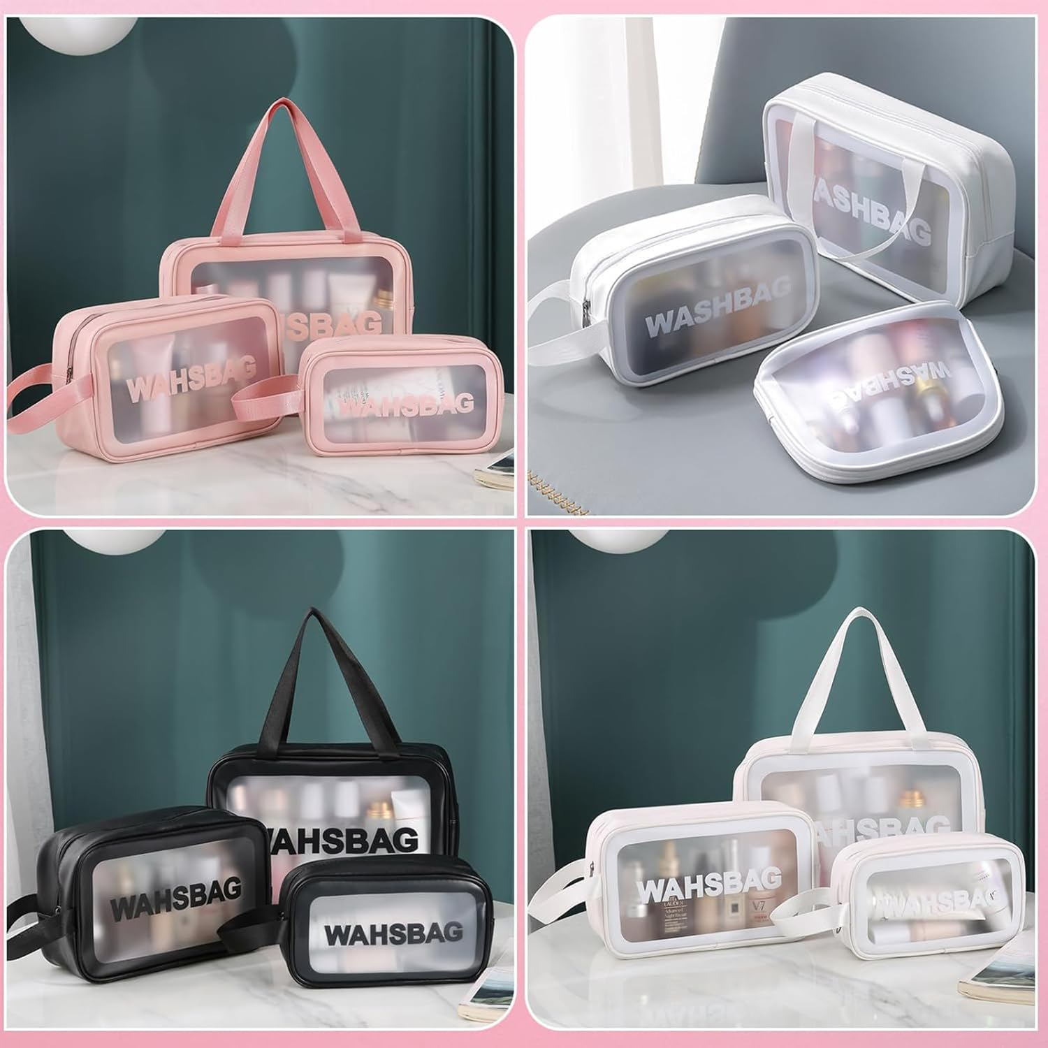 QAUARUMSUN 3Pcs Makeup Bag Toiletry Bag Travel Bag,Travel Essentials for Women, Waterproof Clear Bag Cosmetic Bag for Cosmetic, Toiletries, Tool Accessories(Black) - Black image number 4