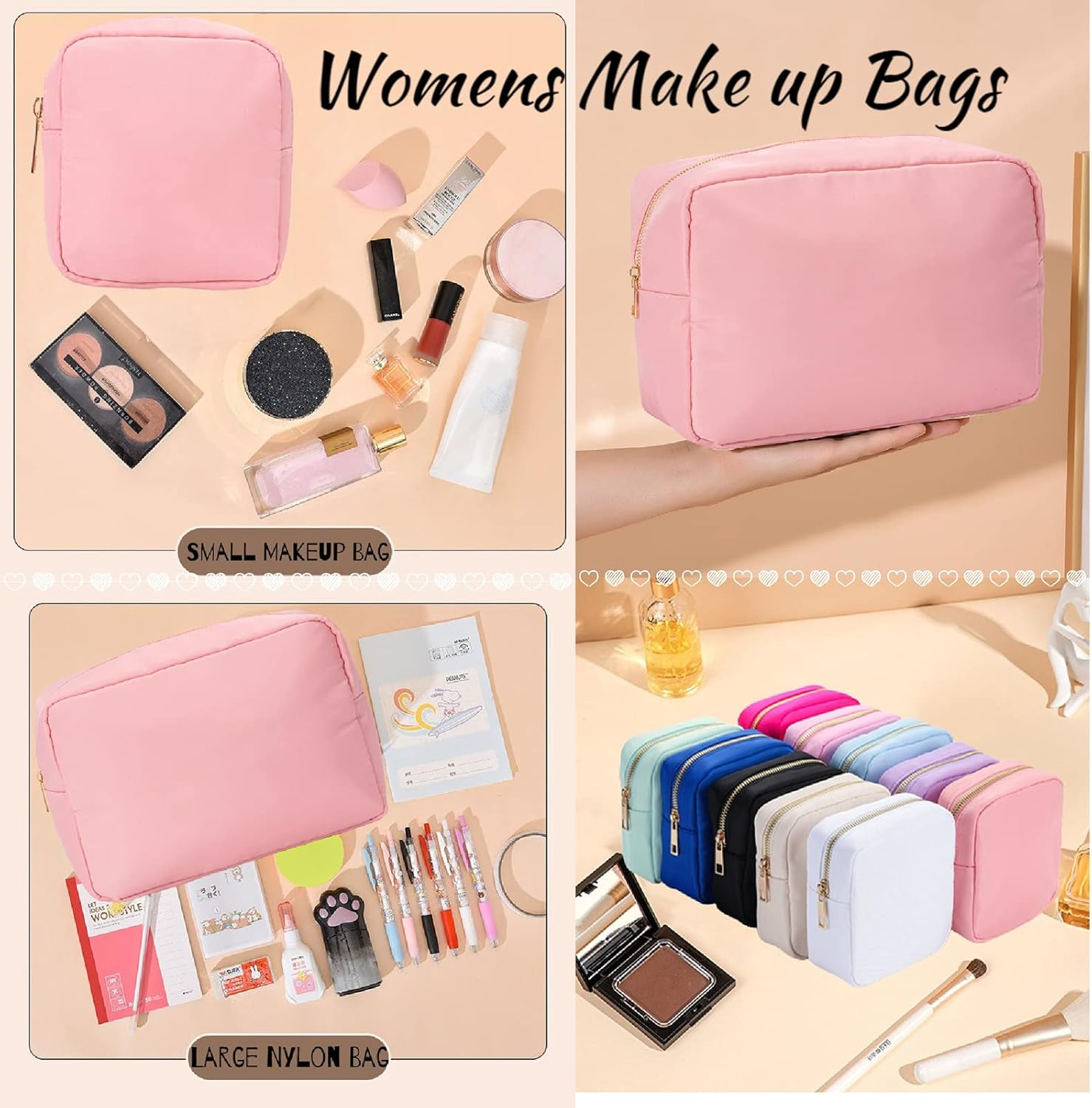 Makeup Bag Travel Bag Pouch, Preppy Small Makeup Bag Zipper Pouch Purse Mini Nylon Cosmetic Storage Bag Cute Toiletry Organizer Bag, Large Womens Make up Bags, Pink, MINI, Preppy Makeup Bag image number 3