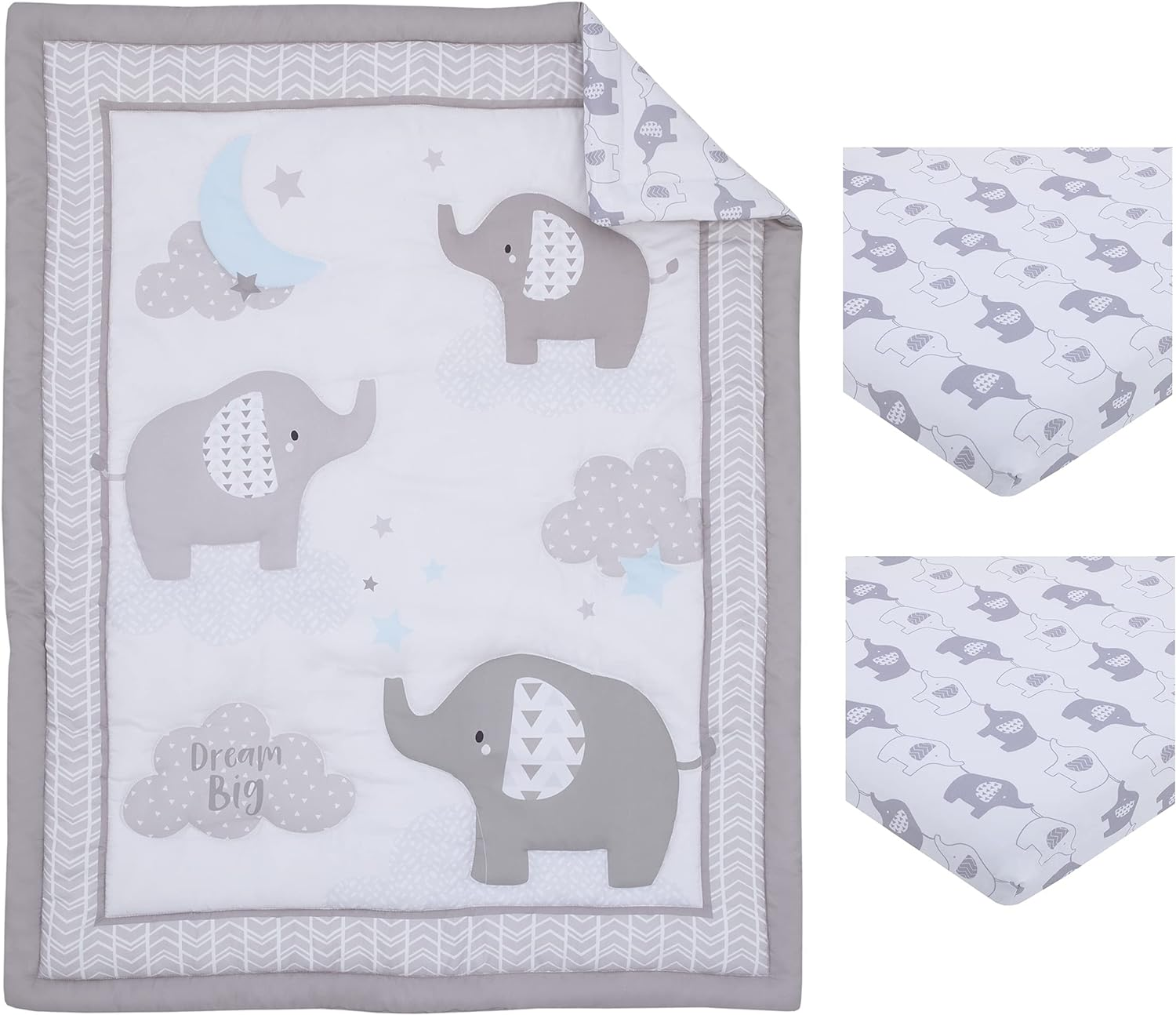 Nojo Elephant Stroll Dream Big Clouds & Stars with Chevron Border 3Piece Nursery Mini Crib Bedding Set - Comforter, & Two Fitted Mini Crib Sheets, Grey, White, Charcoal, Blue