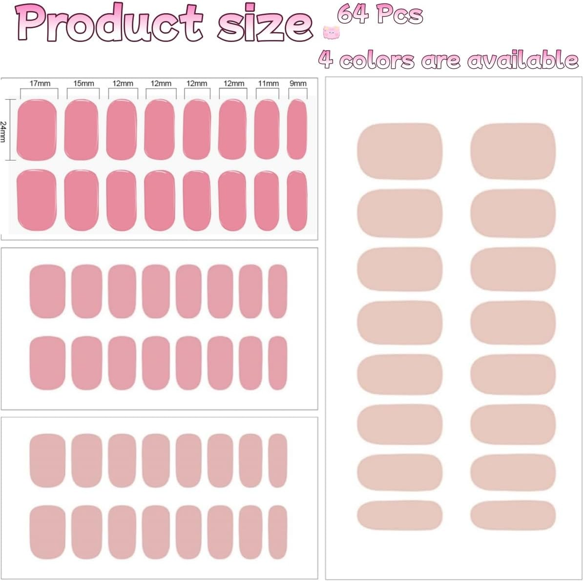 Hpessoterr 4Pcs Solid Solid Color Gradient Full Wrap Nail Polish Stickers,Diy Gel Nails Semi-Cured UV Nail Strips(64Pcs,Pink/Blue-Gray/Light Pink/White)