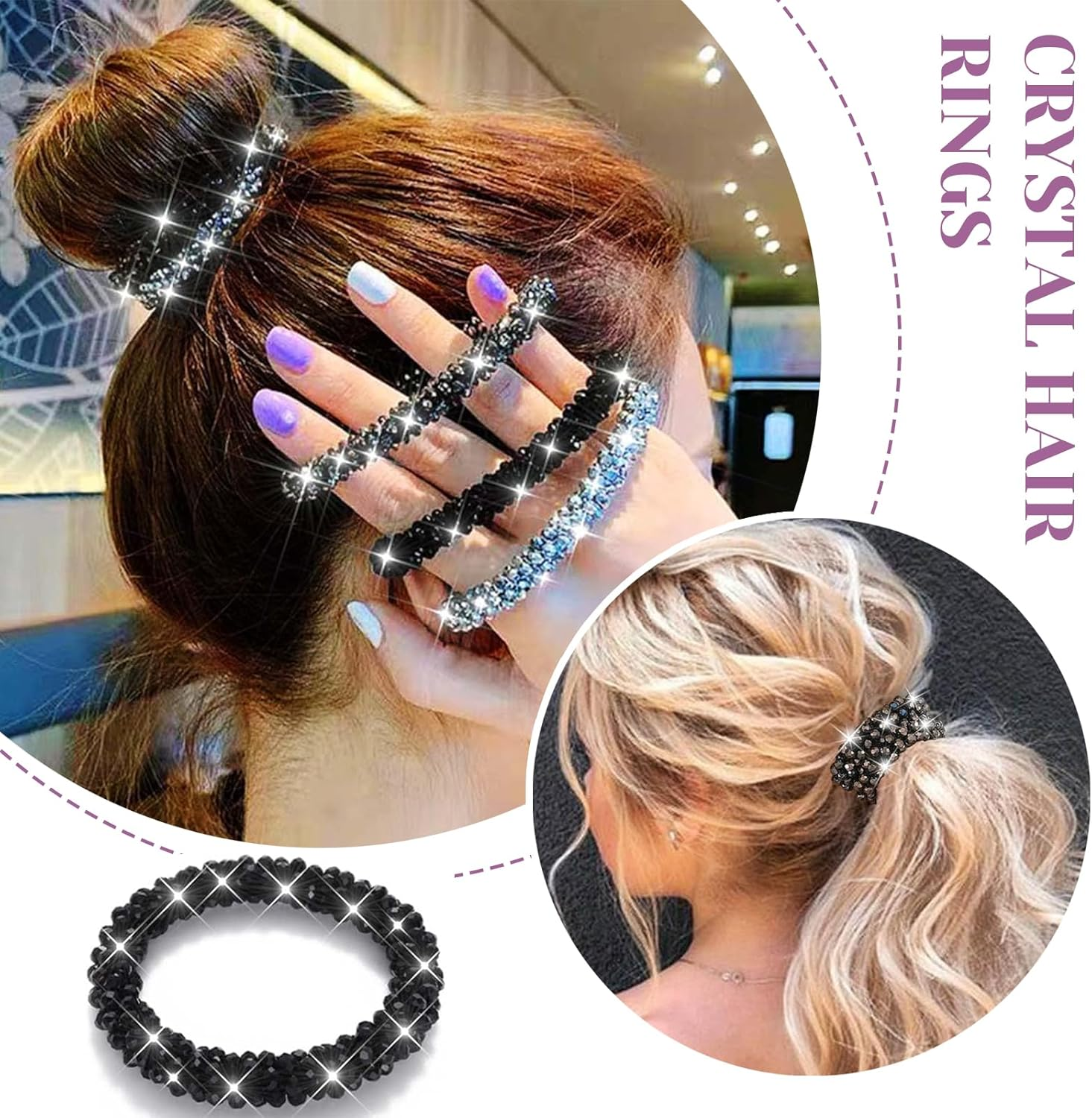 Charmburst Set of 4 Rhinestone Hair Bobbles Elastic Ponytail Holder Glitter Crystal Hair Accessories Beads Set Hair Bands Women and Girls image number 6