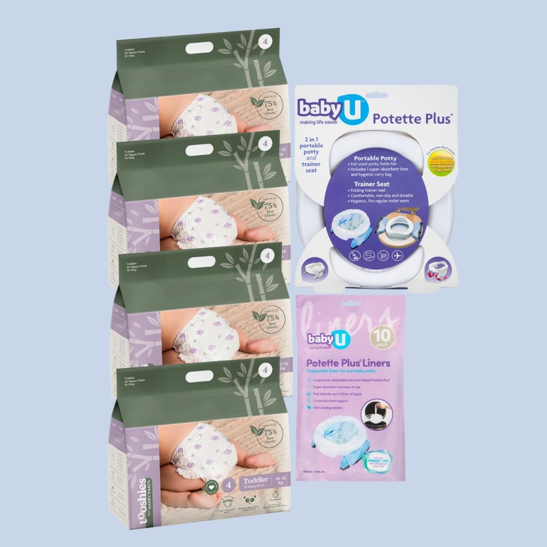 Tooshies Eco Nappy Pants, Size 4 Toddler, 128 Count + Babyu Potette plus 2-In-1 Portable Potty + Babyu Potette plus Liner, 10 Count, White image number 4