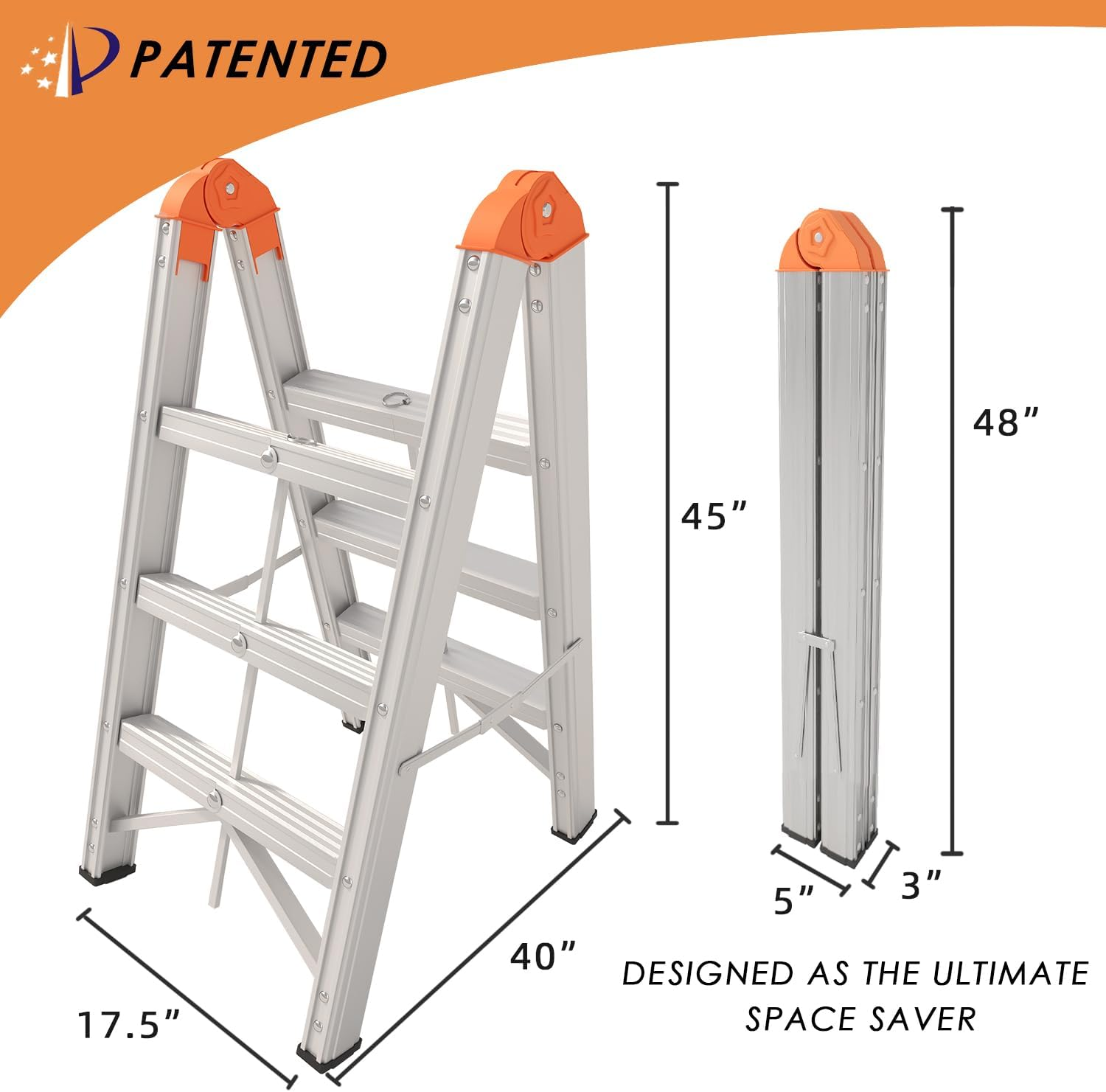Aluminum Foldable Twin Front Collapsible a Frame 3-Step Ladder, Compact Step Stool with Wide Anti-Slip Pedal, EN131, 330Lb Capacity image number 3
