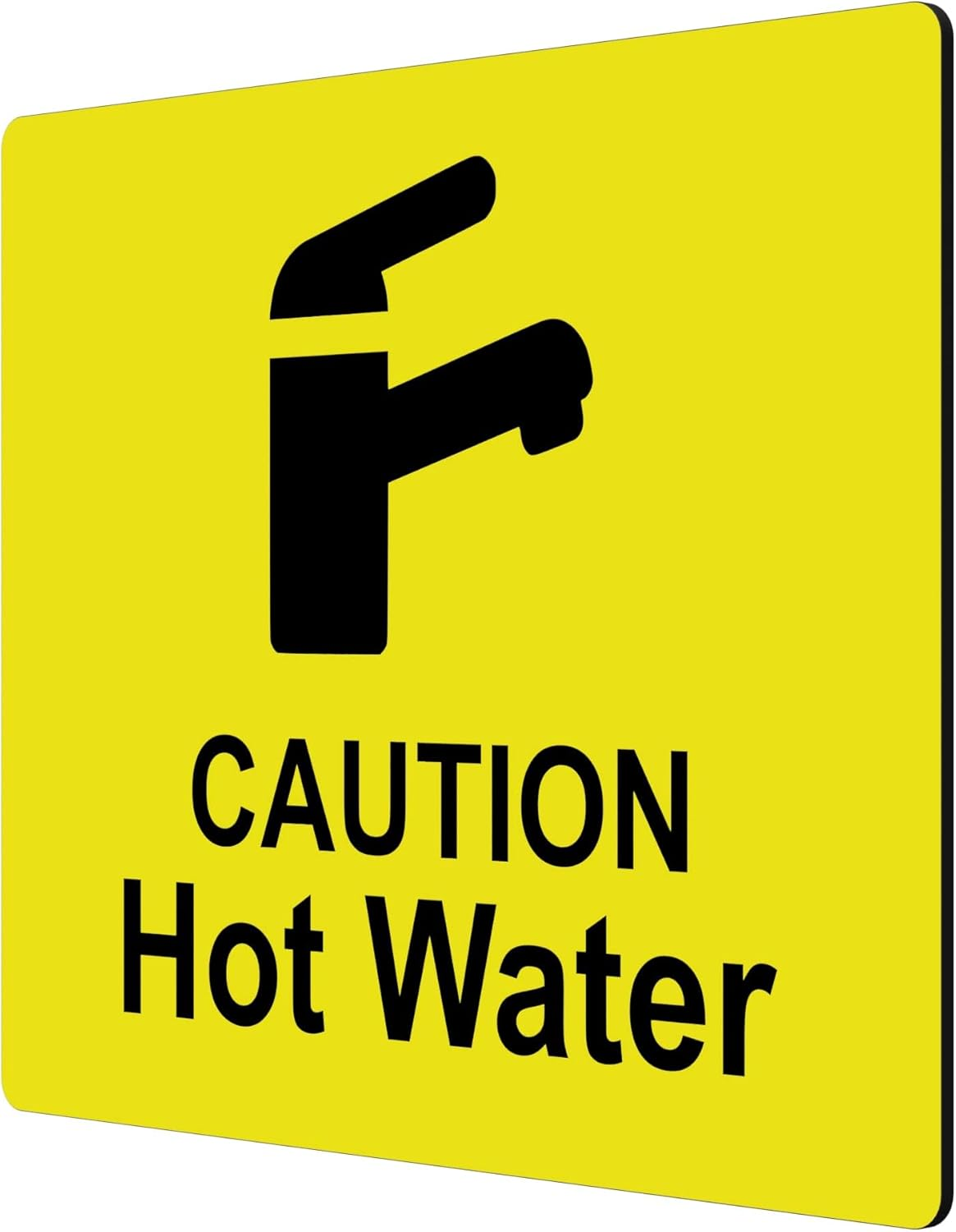 Caution Hot Water Tap Sink Sign Adhesive Sticker Notice, High Visibility Yellow Engraved Black with Universal Icon Symbol and Text (Size 12Cm X 10Cm) image number 1