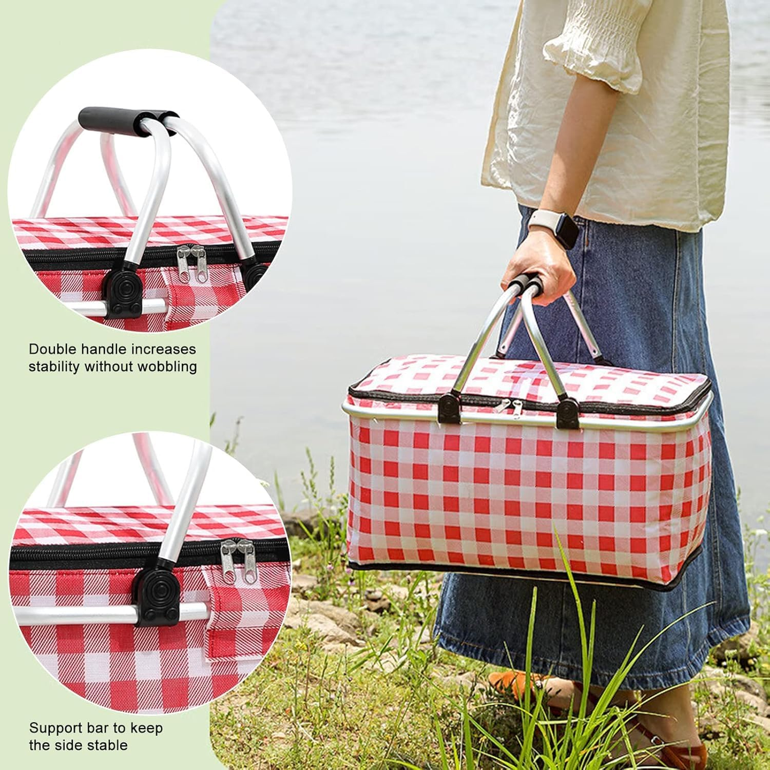Insulated Cooler Bag-Folding Picnic Basket with Handle，Waterproof Lining - Collapsible Designfor Camping, Trips, Shopping, Outdoor Activities (Red) image number 1