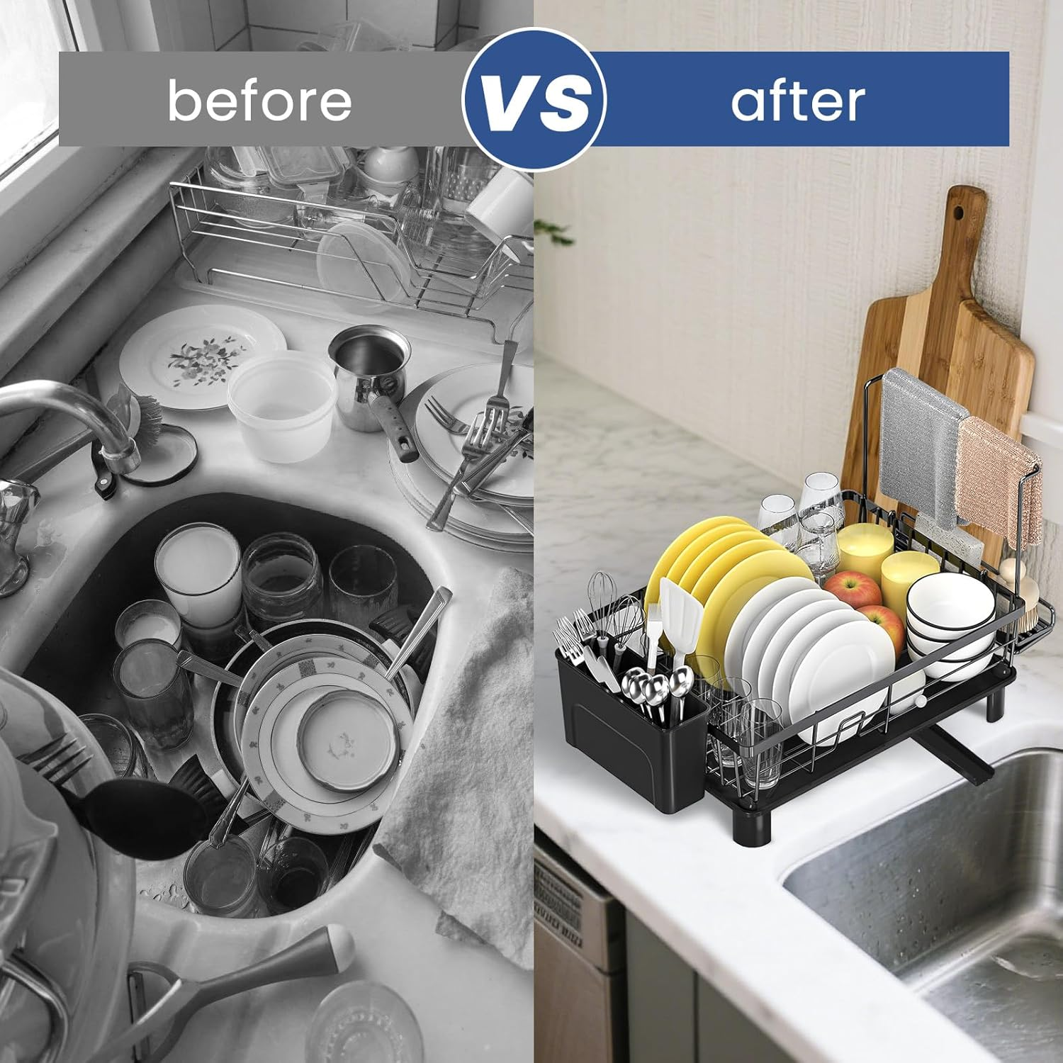 Acemining Dish Rack with Cutlery Holder and Towel Bar, 360&deg; Swivel Drain, Stainless Carbon Steel, Space Saving Kitchen Organizer for Plates, Cups, Cutlery, Black image number 1