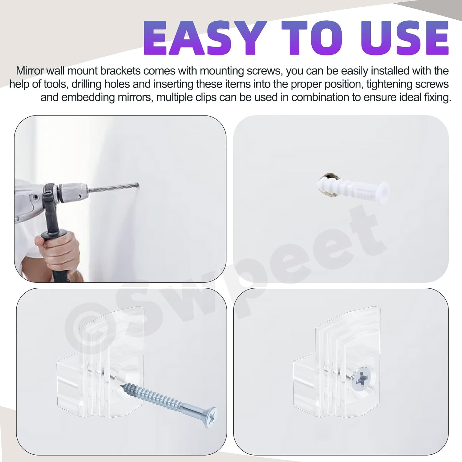 Swpeet 30 Sets Clear Plastic Mirror Holder Clips Kit with Screws, Retainer Clips Kit, Mirror Hanging Kit, Clear Plastic Mirror Mounting Clips, Mirror Hanging Hardware for Fixing Cabinet Door(E Style) - E image number 2