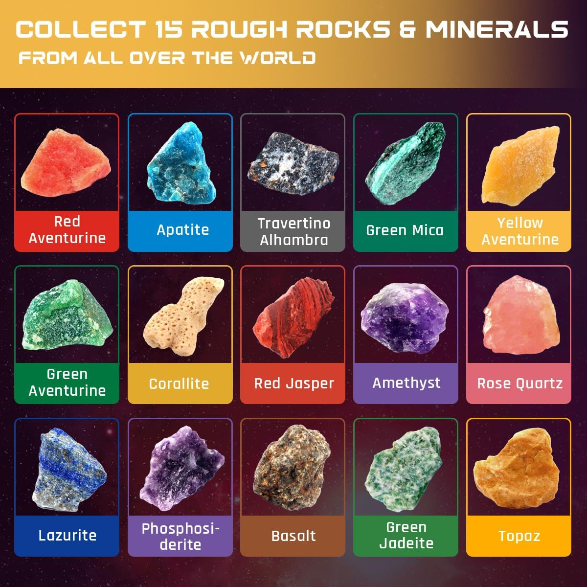 Gemstone Dig Kit, Dig up 15 Rocks & Minerals from Earth Moon Mars, Solar System Planets Geology Science Set, Space Rock Mining Toys for Kids, STEM Toy for Boys & Girls Age 6-8-12 image number 1