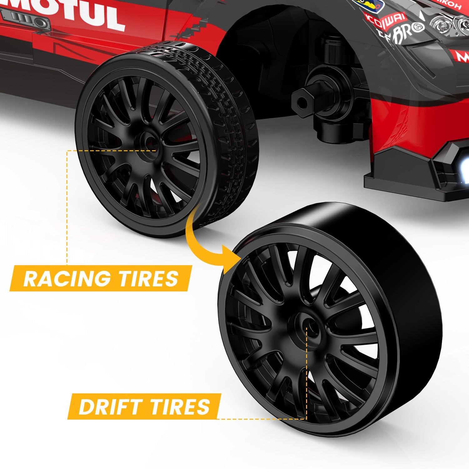 DEERC RC Drift Car, 4WD 2.4Ghz Remote Control Car for Kids W/LED Lights, Car Shell, 2 Rechargeable Batteries, 40Mins Playtime, Racing & Drift Wheels, 8 Traffic Cones, Toy Cars for Boys Girls image number 4